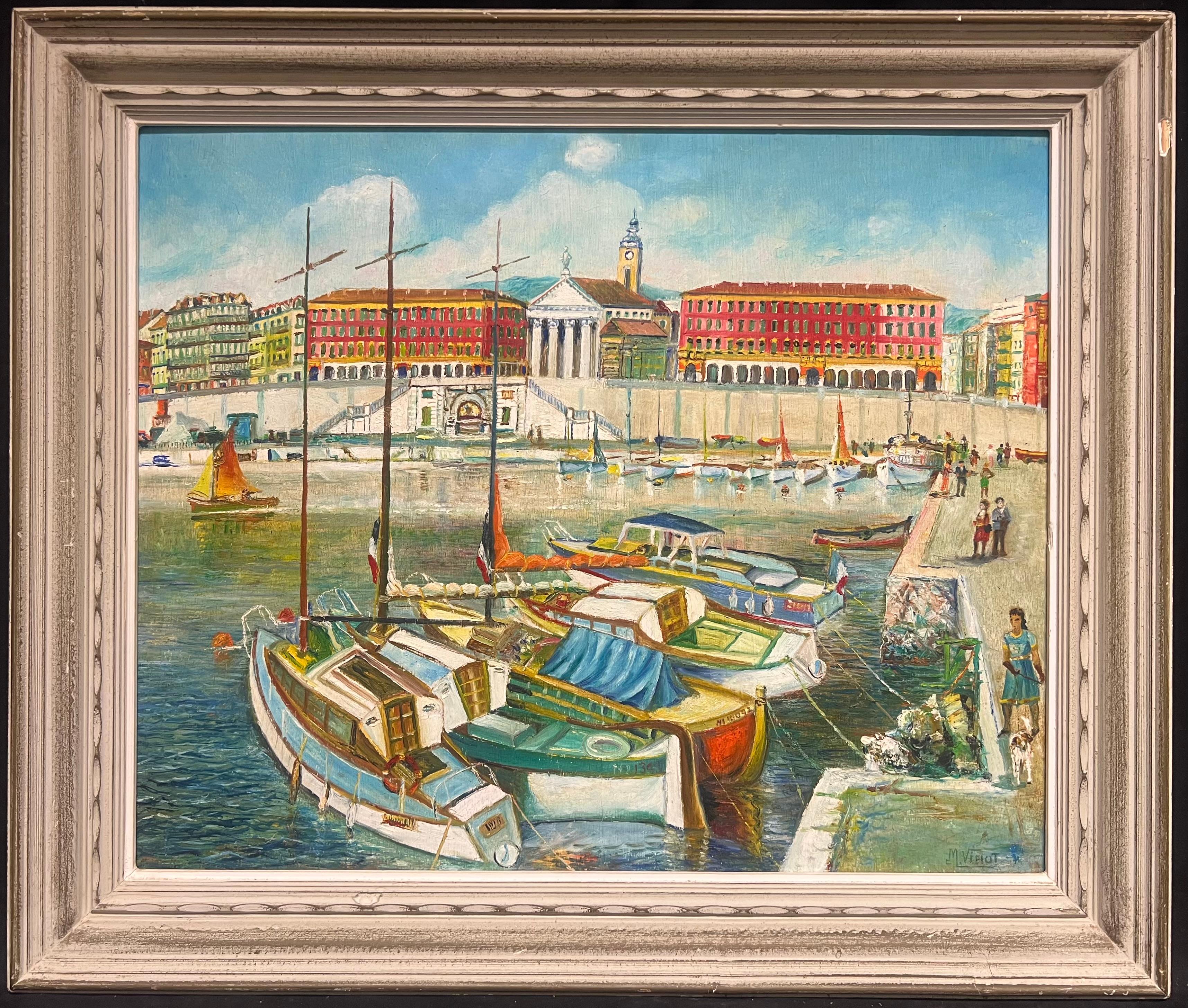French School Landscape Painting - Vintage Mid 20th Century French Oil Painting Nice Old Port Harbor Busy Scene