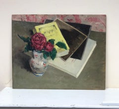 Vintage Mid 20th Century French Signed Oil Painting Pink Roses in Vase & Books