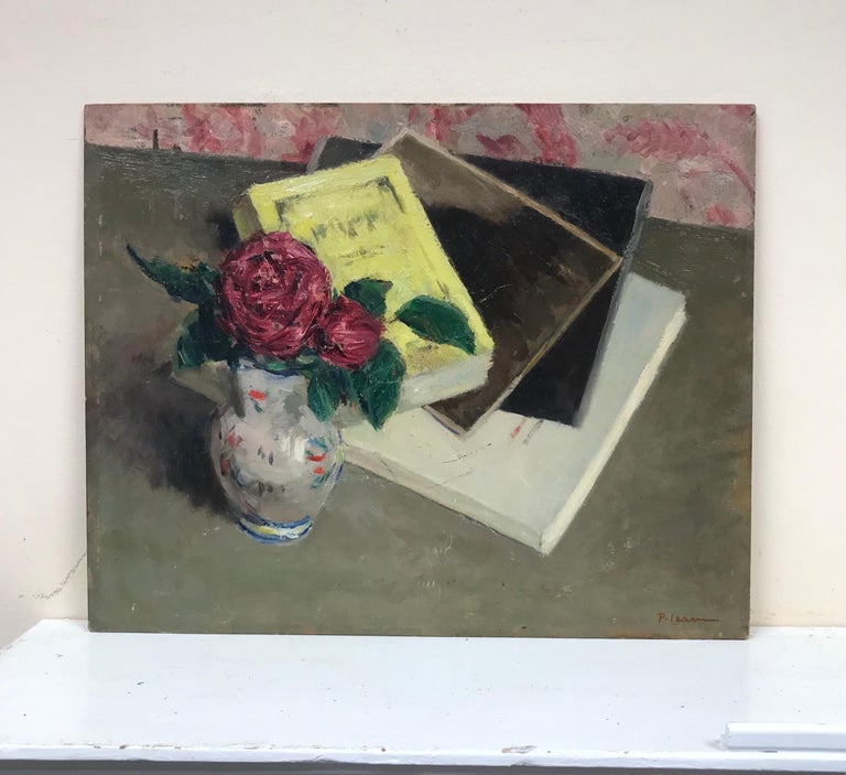 Vintage Mid 20th Century French Signed Oil Painting Pink Roses in Vase & Books - Gray Interior Painting by French School
