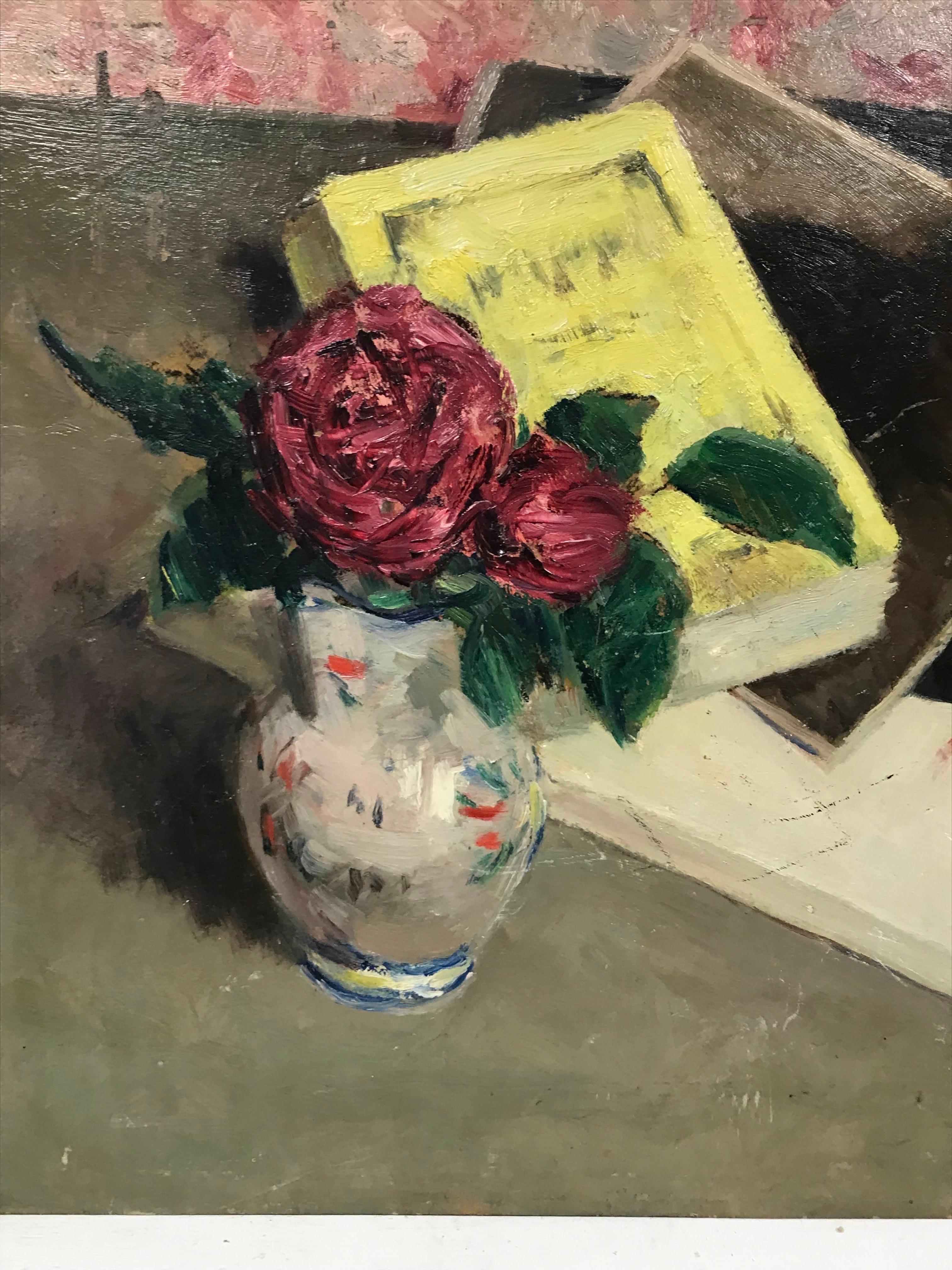 Artist/ School: French School, mid 20th century, indistinctly signed

Title: Still life of pink roses in a beautiful vase, against a backdrop of books (lovely yellow one) and pink coloured wallpaper patterns. 

Medium: oil painting on board,