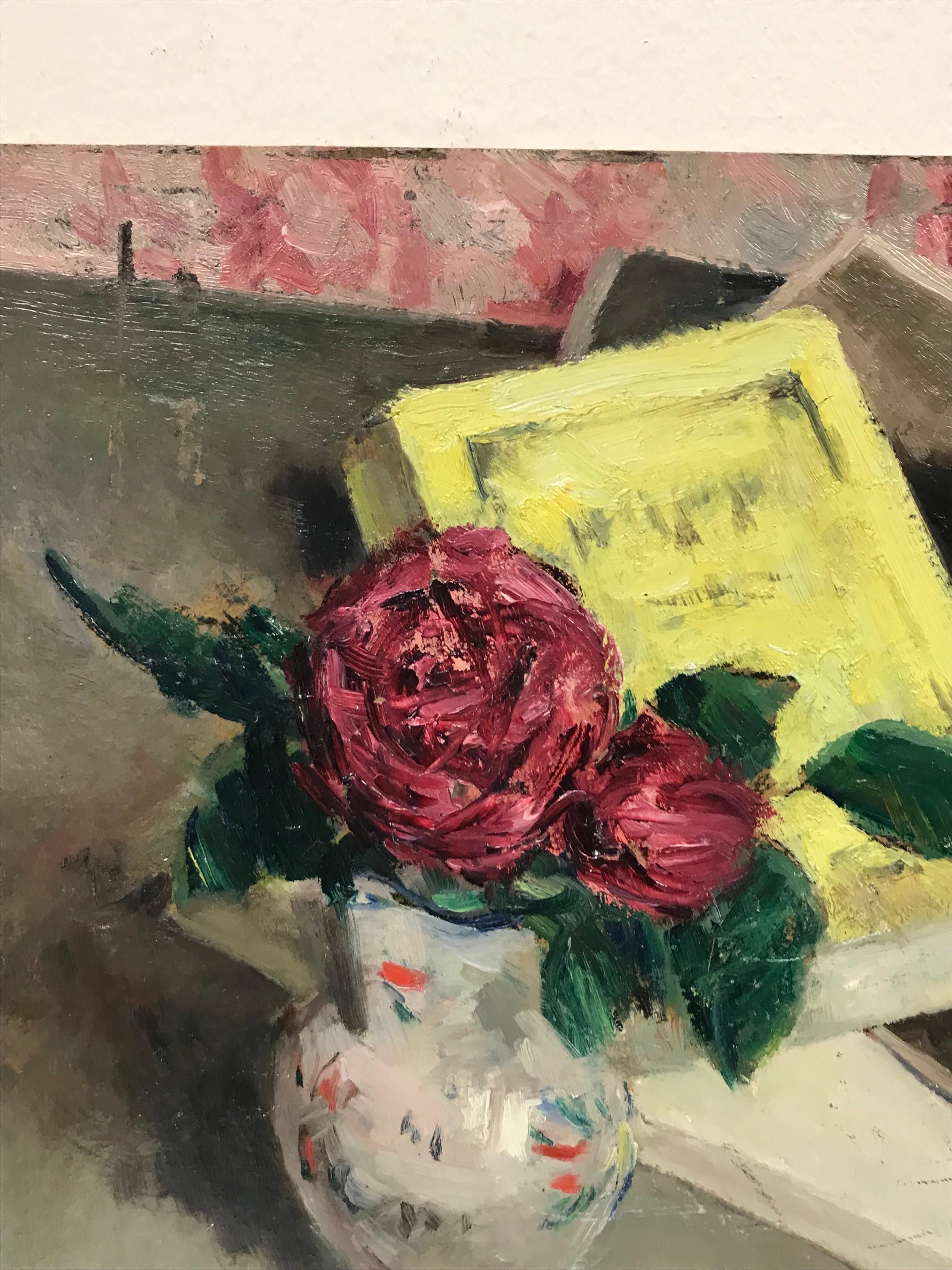 Vintage Mid 20th Century French Signed Pintura al óleo Rosas rosas en jarrón y libros en venta 1