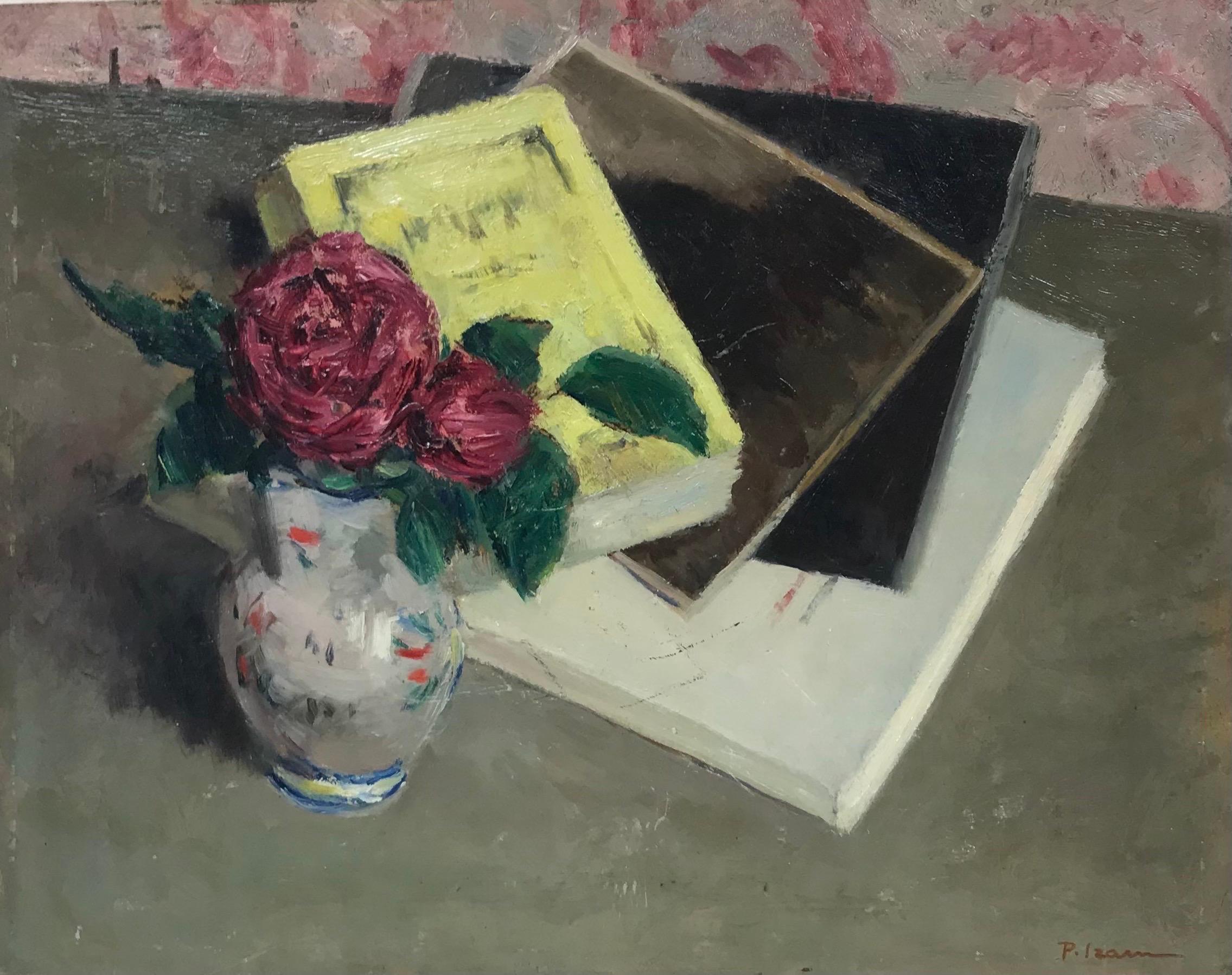Vieille peinture à l'huile française du milieu du XXe siècle, signée, représentant des roses dans un vase et des livres