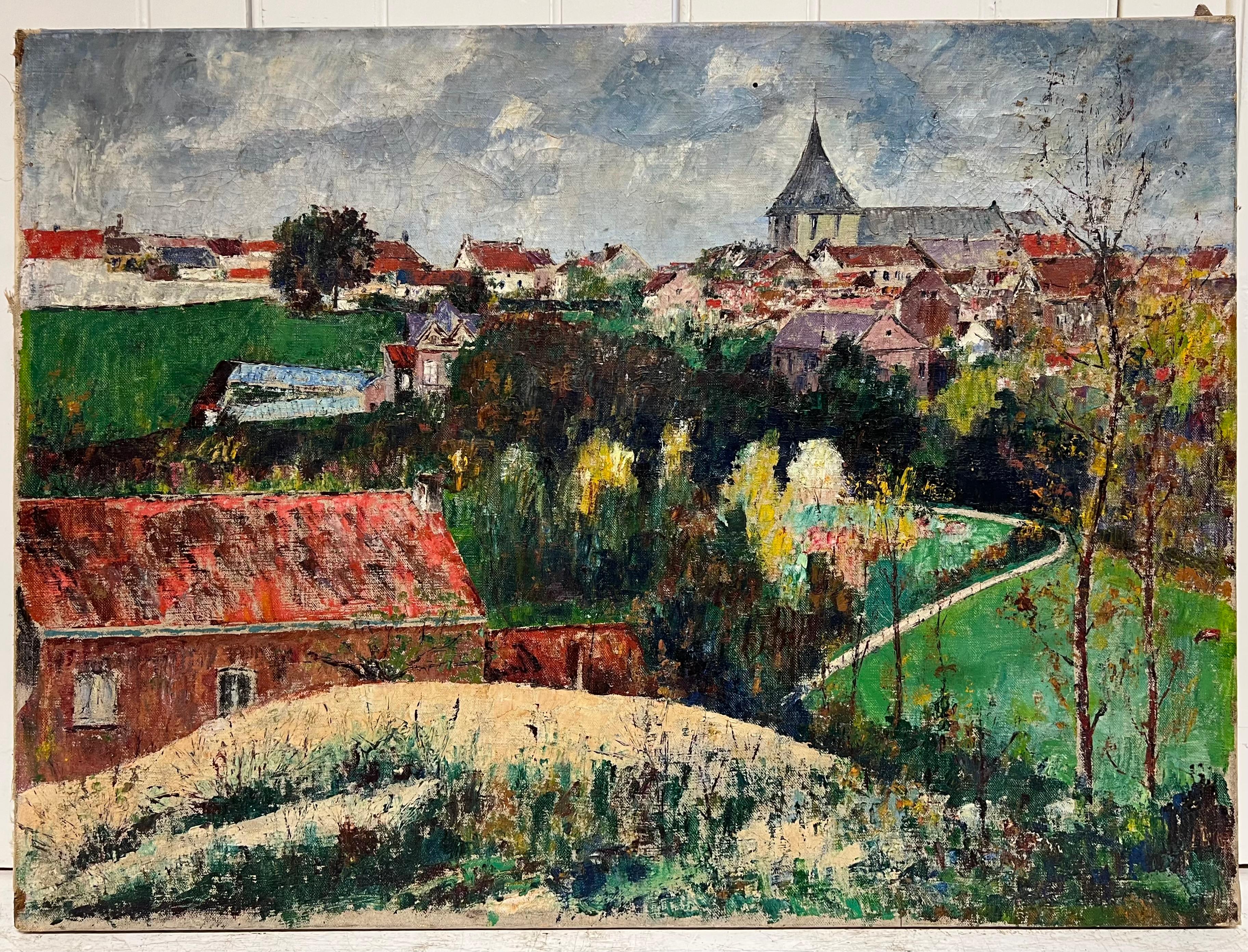 Vintage Mid 20th Century French Signed Oil View over Town Roof Tops - Painting by French School