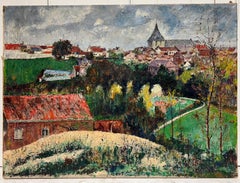 Vintage Mid 20th Century French Signed Oil View over Town Roof Tops