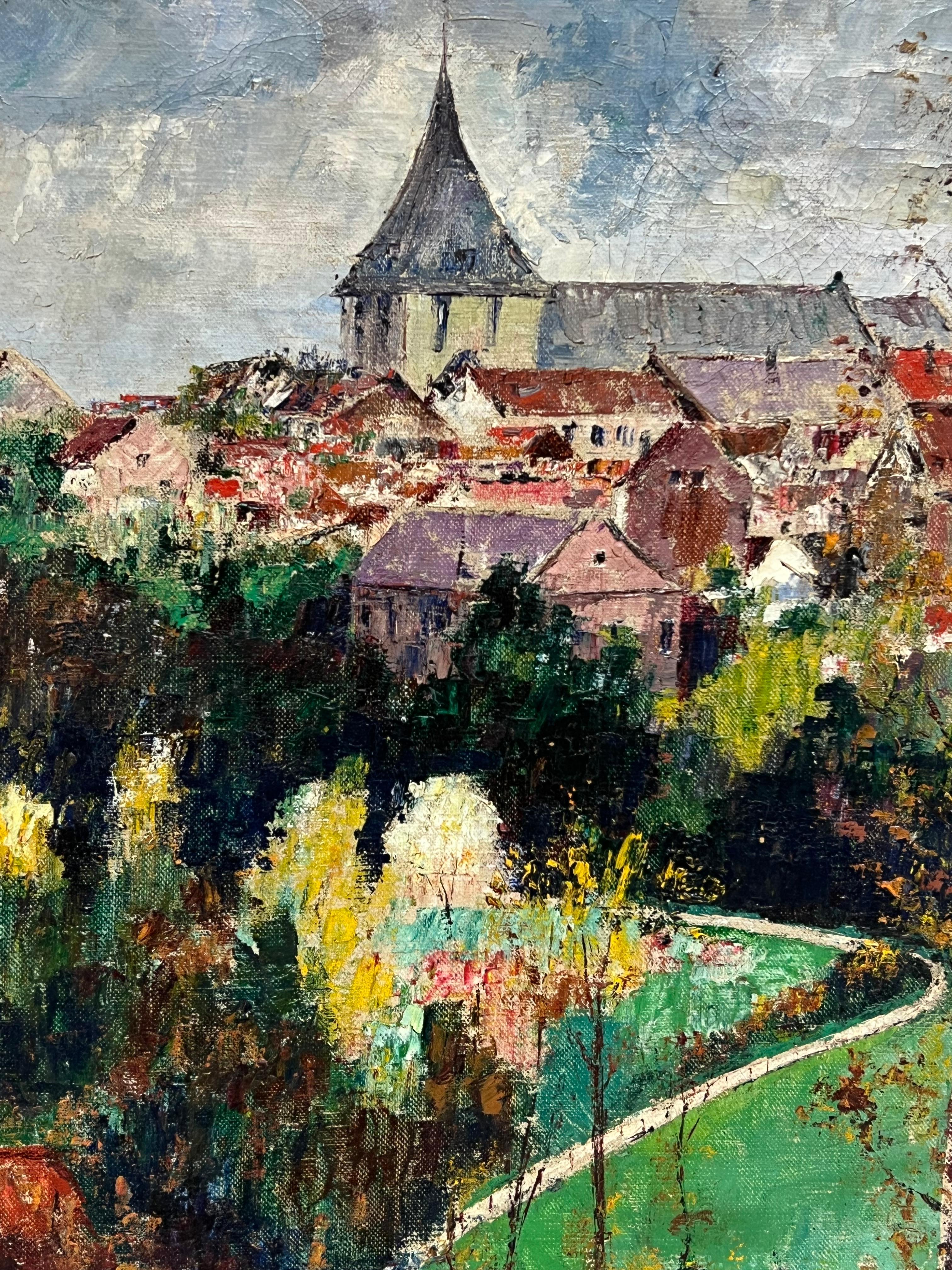 Vintage Mid 20th Century French Signed Oil View over Town Roof Tops - Post-Impressionist Painting by French School