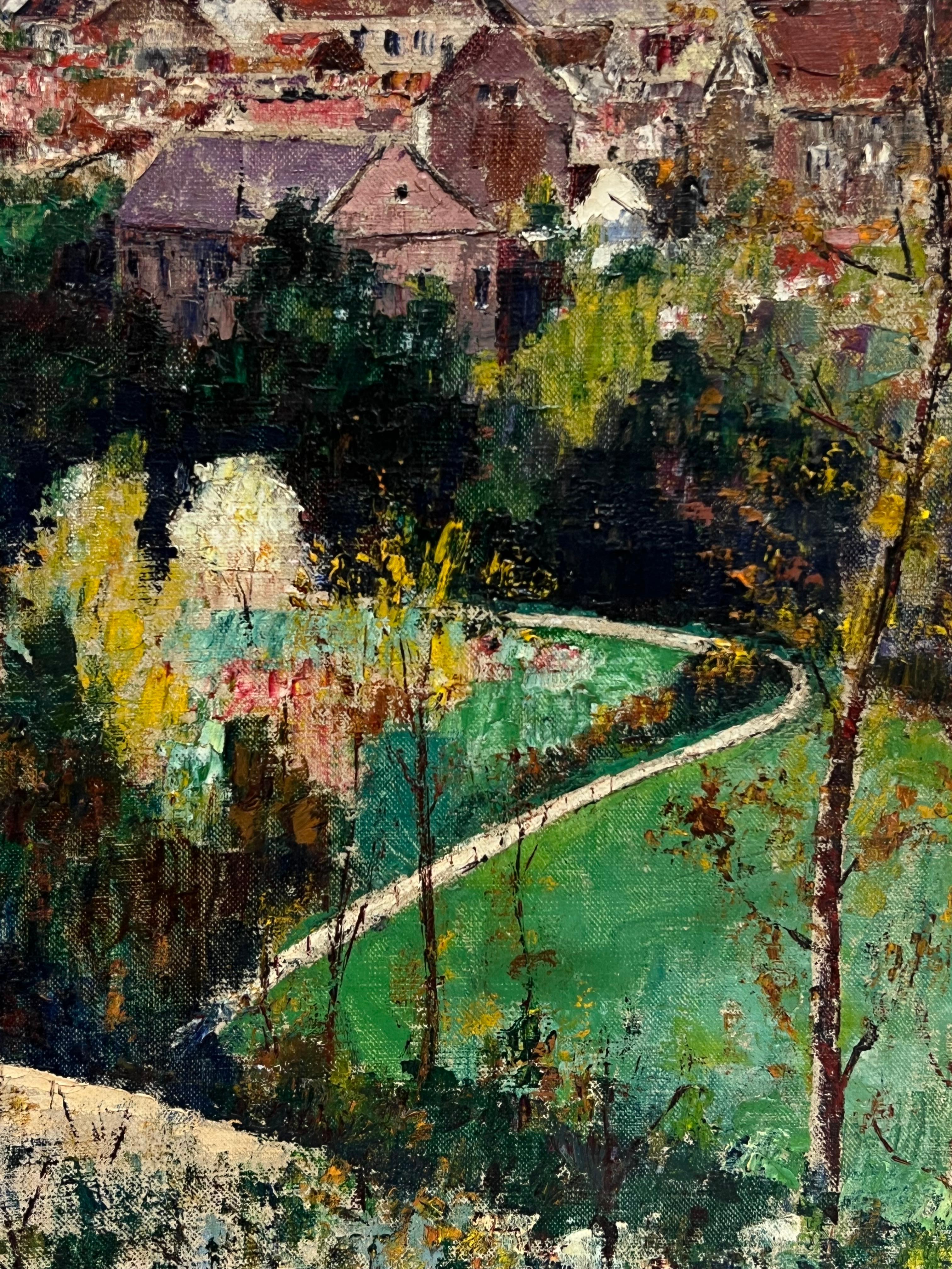 Vintage Mid 20th Century French Signed Oil View over Town Roof Tops - Gray Landscape Painting by French School