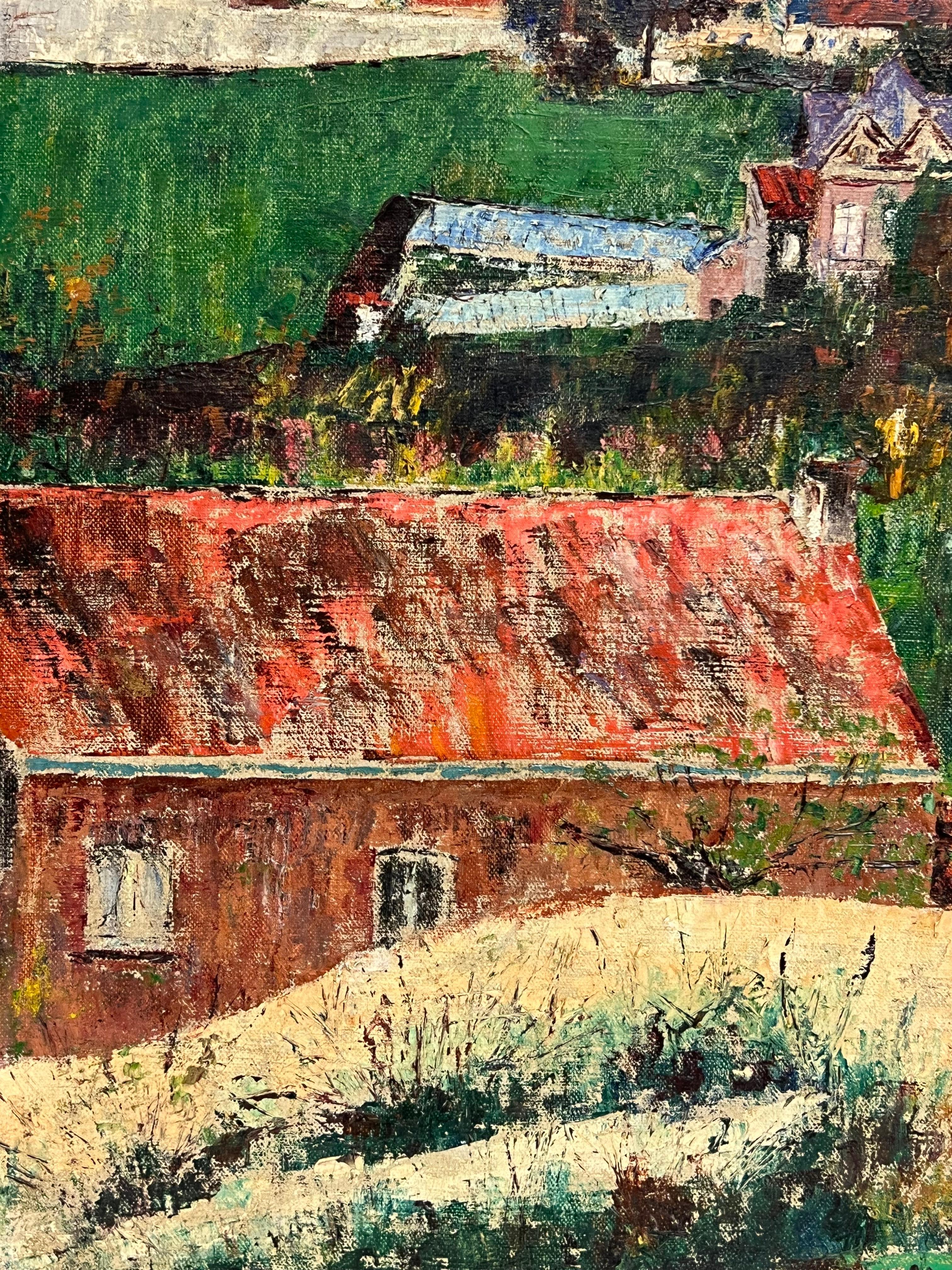Vintage Mid 20th Century French Signed Oil View over Town Roof Tops For Sale 1