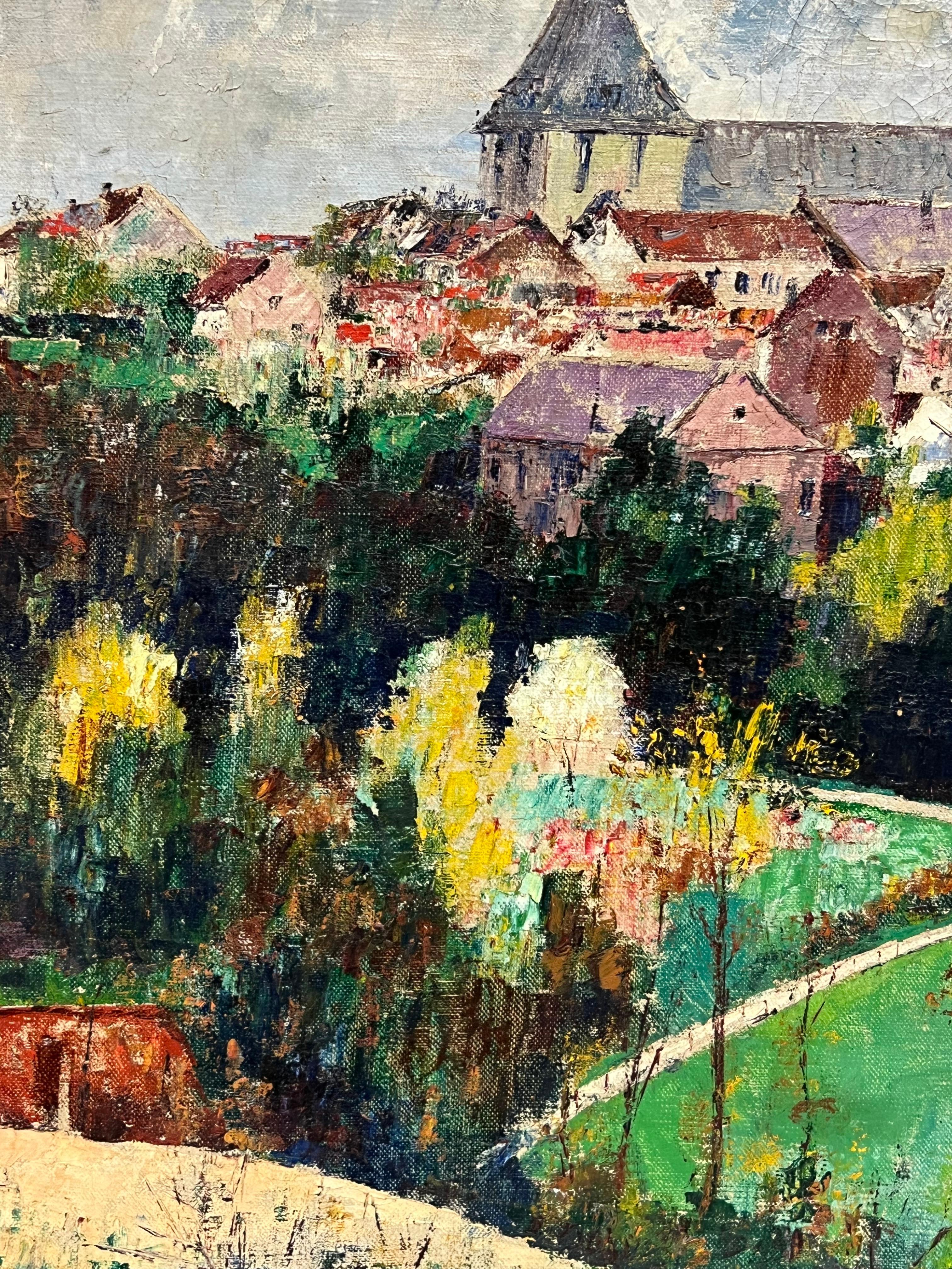 Vintage Mid 20th Century French Signed Oil View over Town Roof Tops For Sale 2
