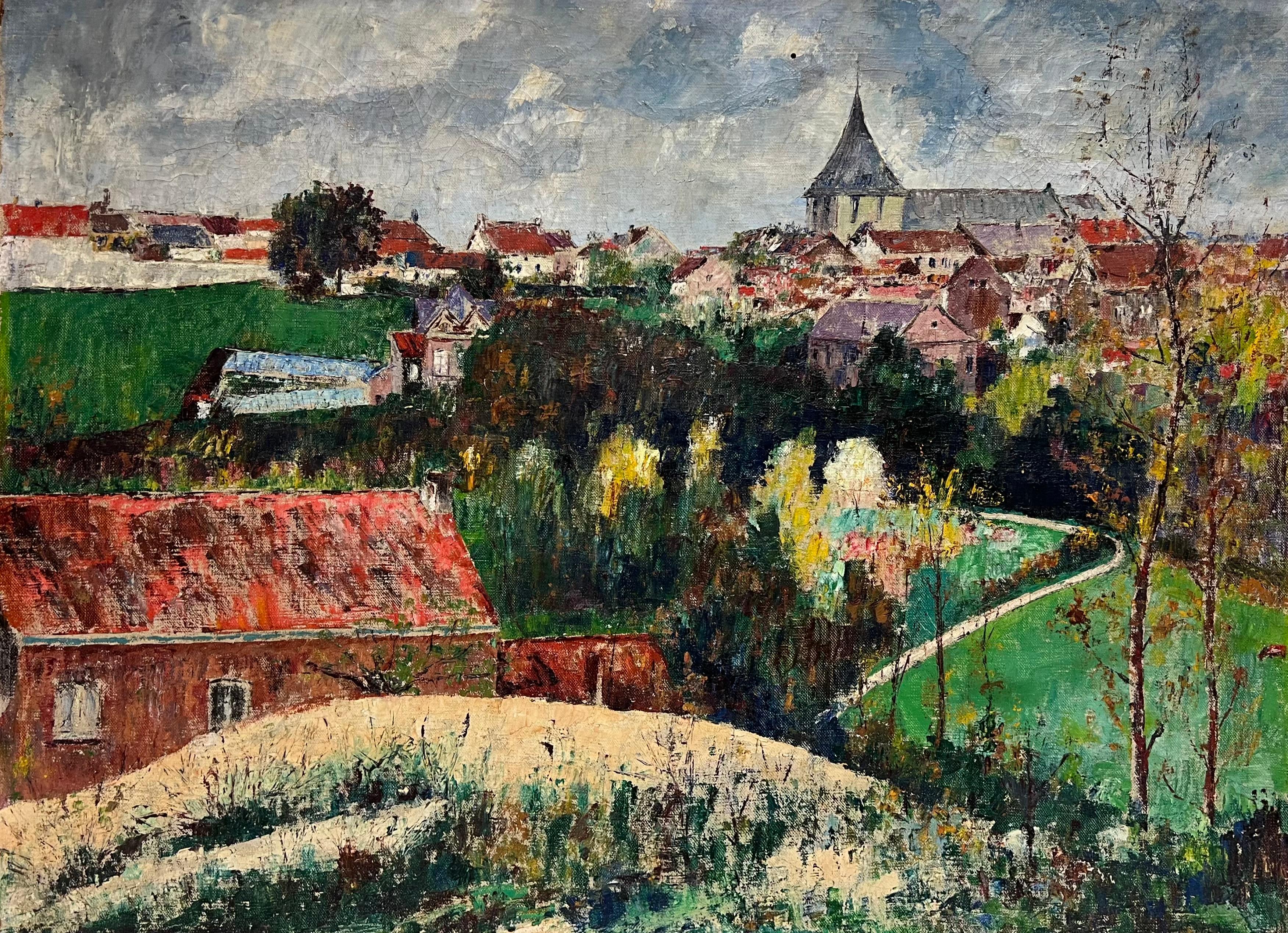 French School Landscape Painting - Vintage Mid 20th Century French Signed Oil View over Town Roof Tops