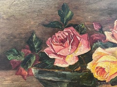 Vintage Roses Signed French Oil Painting Still Life Flowers in Glass Bowl