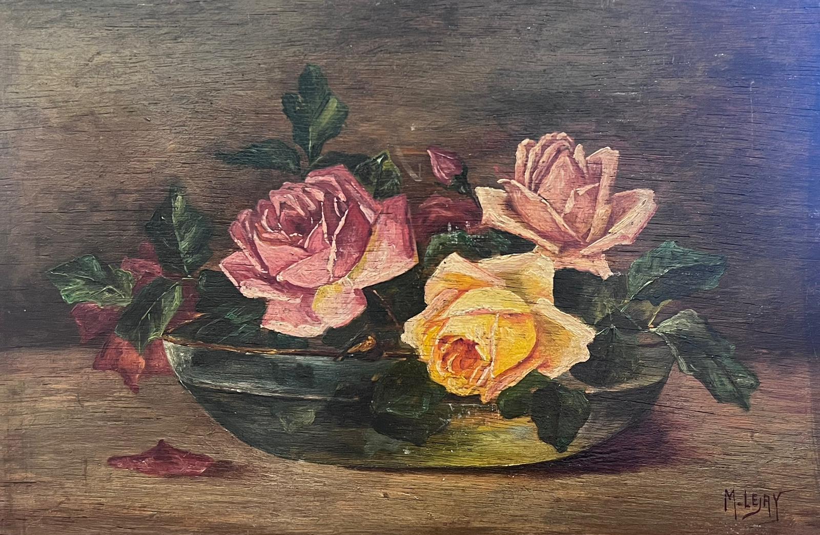 French School Interior Painting - Vintage Roses Signed French Oil Painting Still Life Flowers in Glass Bowl