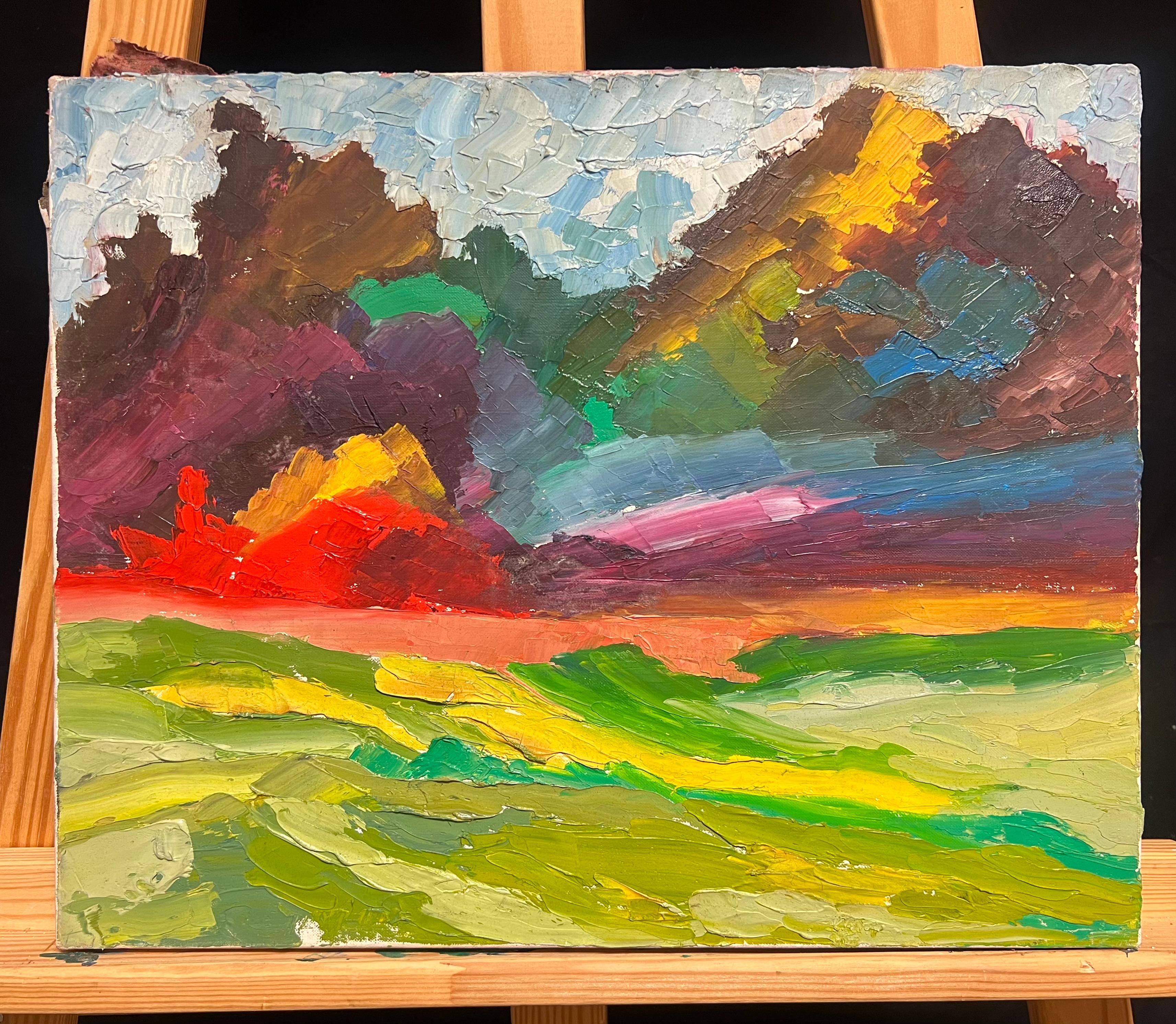 Paisaje Abstracto Arco Iris Vivo con Colores Atrevidos Pintura al Óleo Dinámica - Painting de French School