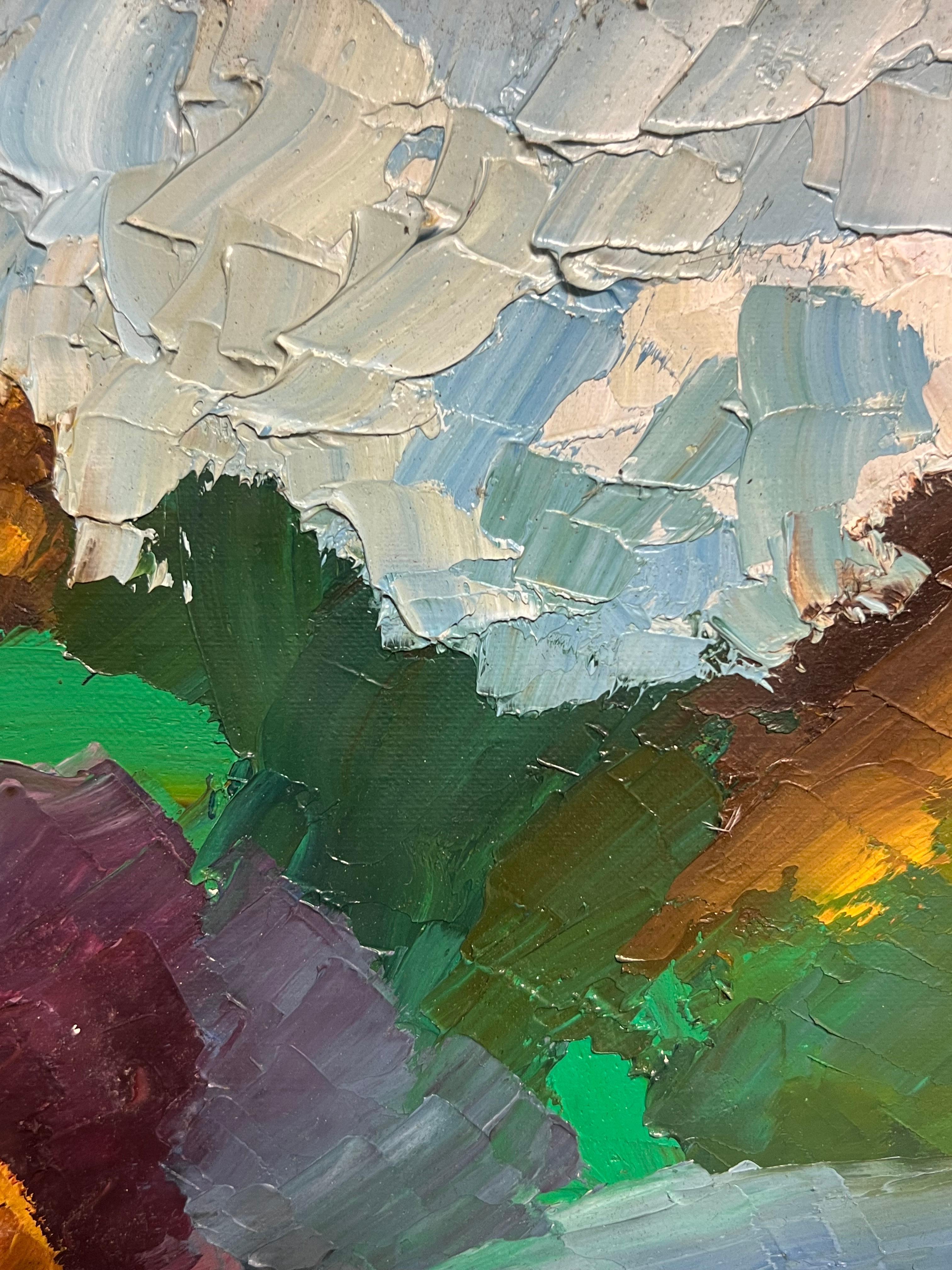 Paisaje Abstracto Arco Iris Vivo con Colores Atrevidos Pintura al Óleo Dinámica - Landscape Painting Marrón de French School