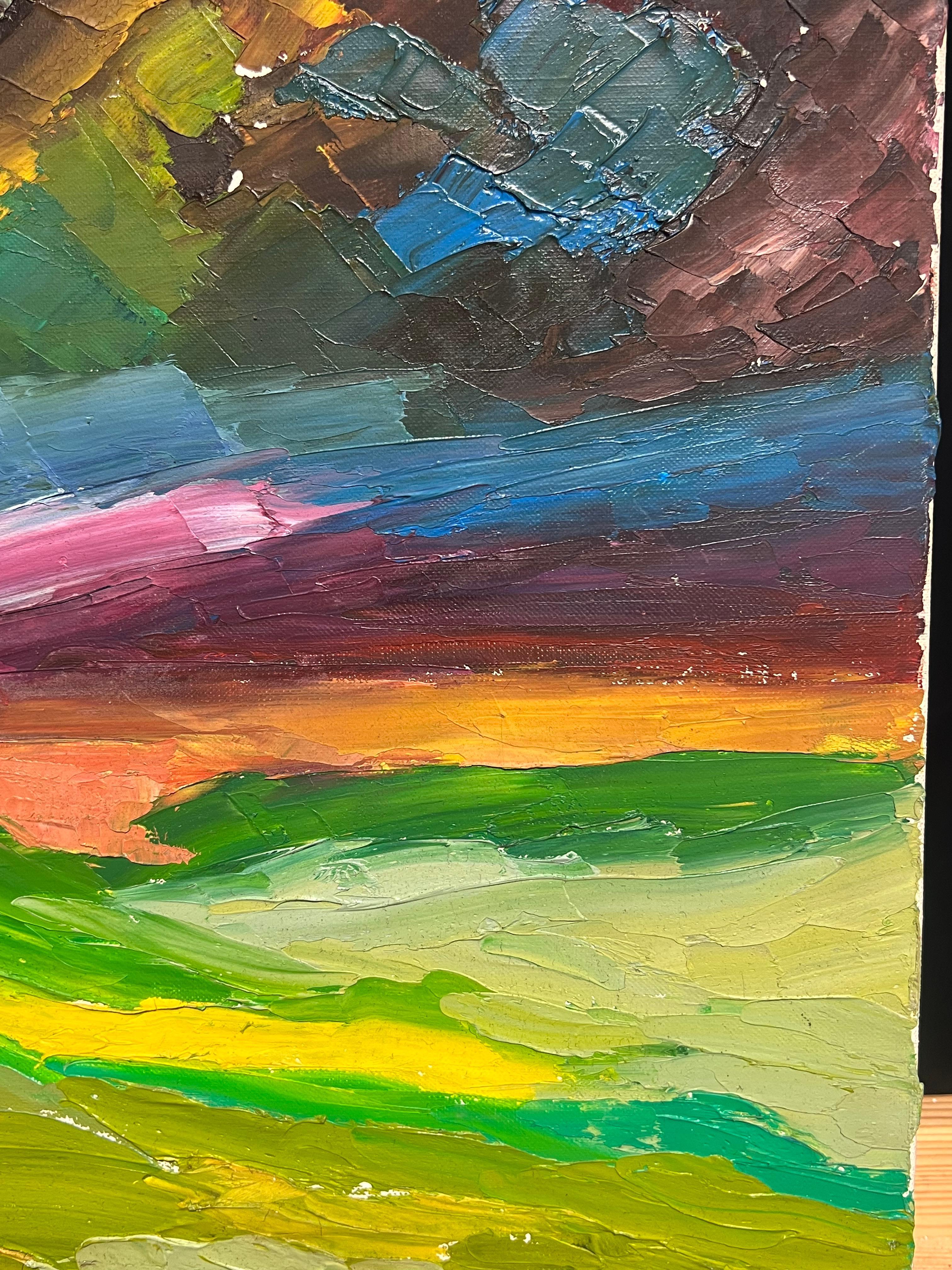 Paisaje Abstracto Arco Iris Vivo con Colores Atrevidos Pintura al Óleo Dinámica en venta 1