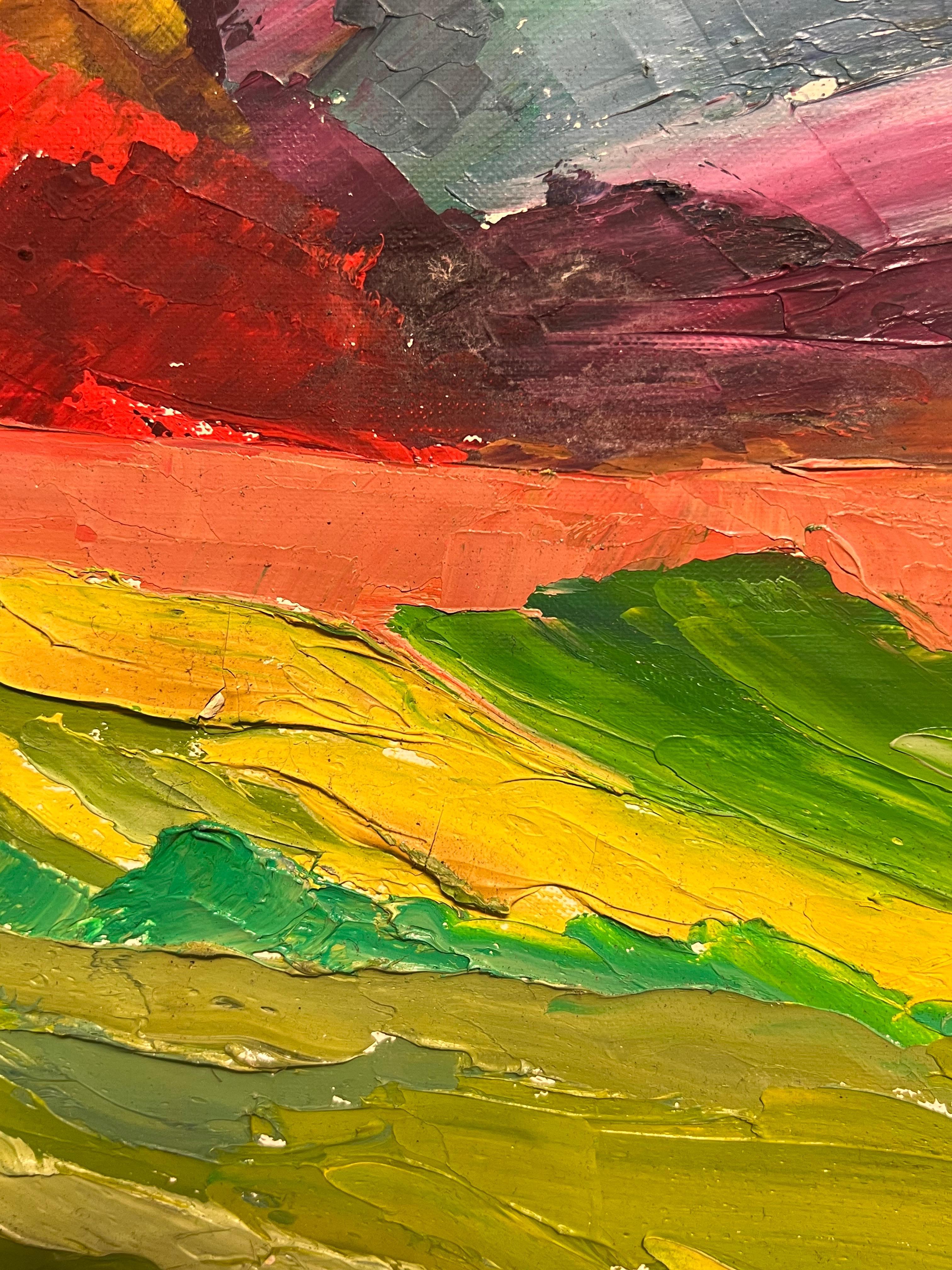 Paisaje Abstracto Arco Iris Vivo con Colores Atrevidos Pintura al Óleo Dinámica en venta 2