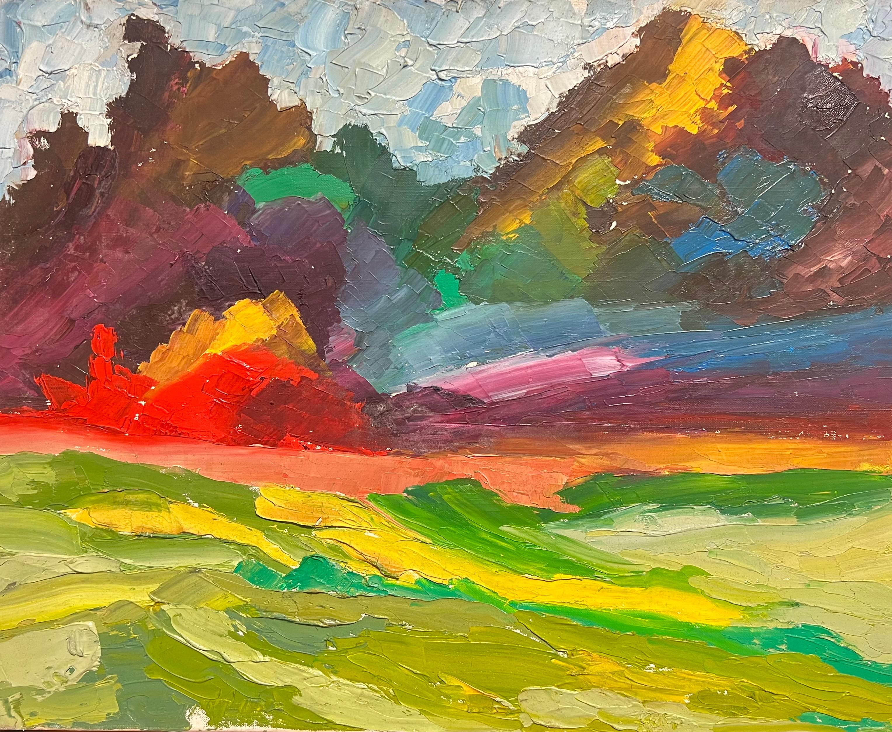 Landscape Painting de French School - Paisaje Abstracto Arco Iris Vivo con Colores Atrevidos Pintura al Óleo Dinámica