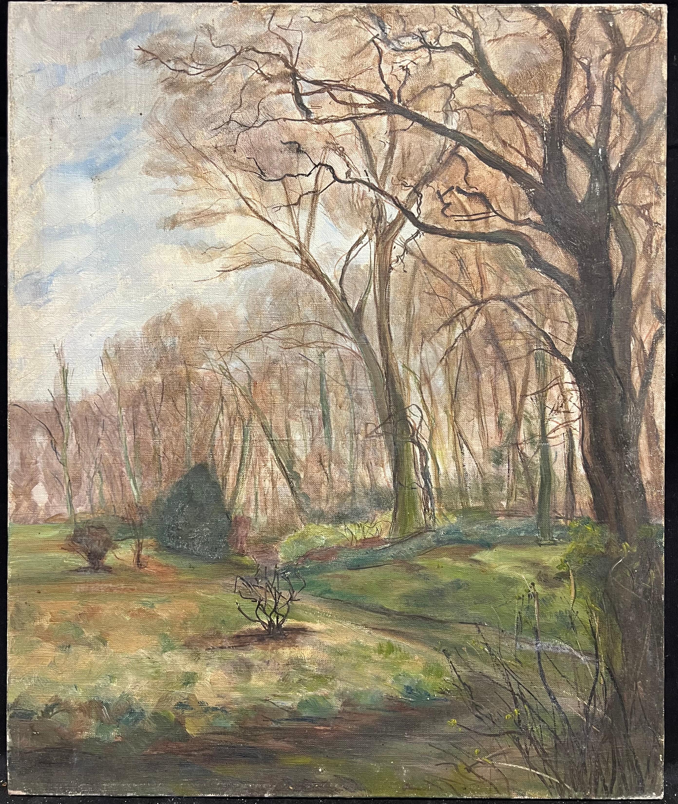 Wald im Vorfrühling Grünes Sonnenlicht 1930er Jahre Französisch Impressionist Öl – Painting von French School