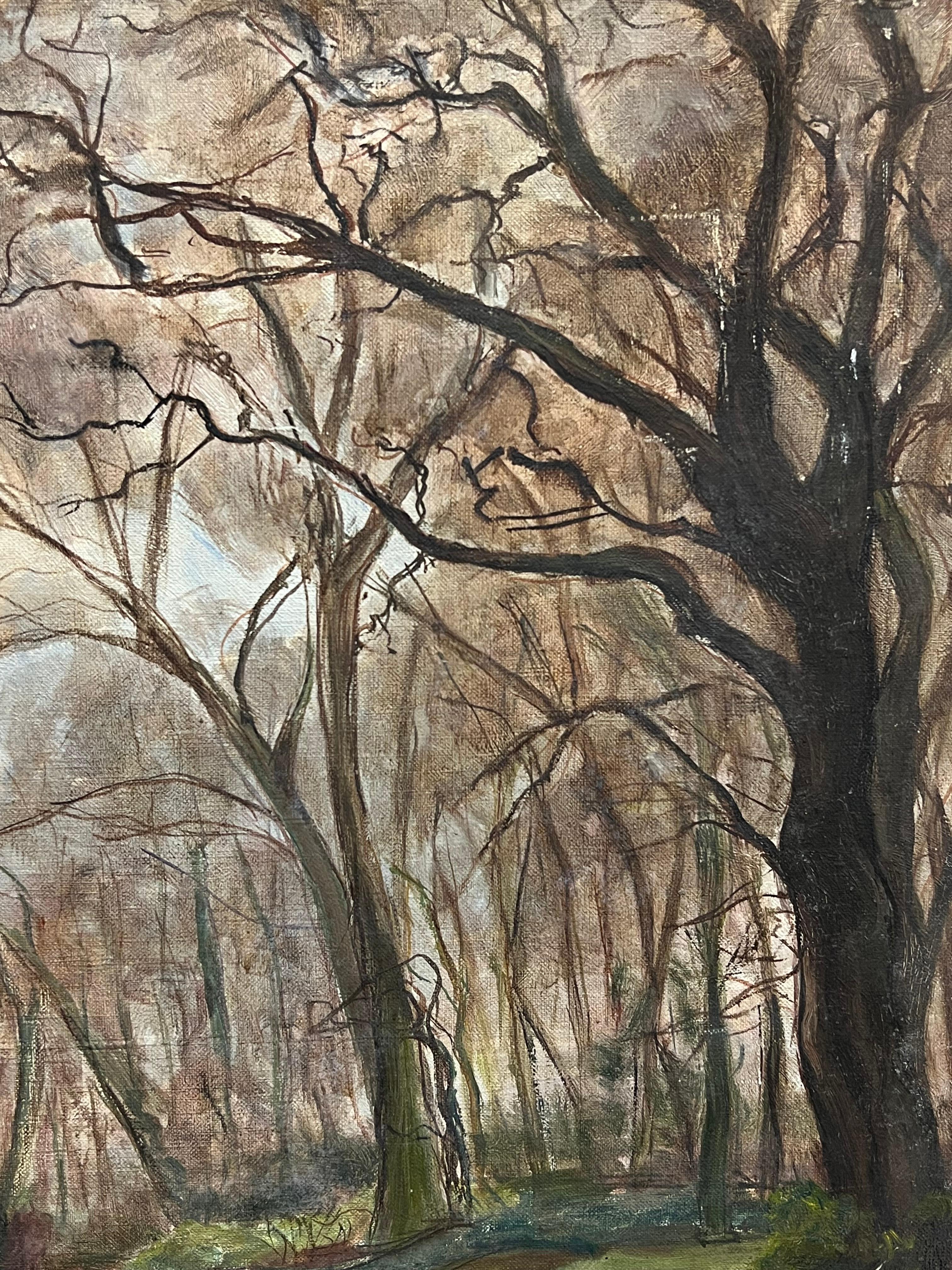 Wald im Vorfrühling Grünes Sonnenlicht 1930er Jahre Französisch Impressionist Öl (Impressionismus), Painting, von French School