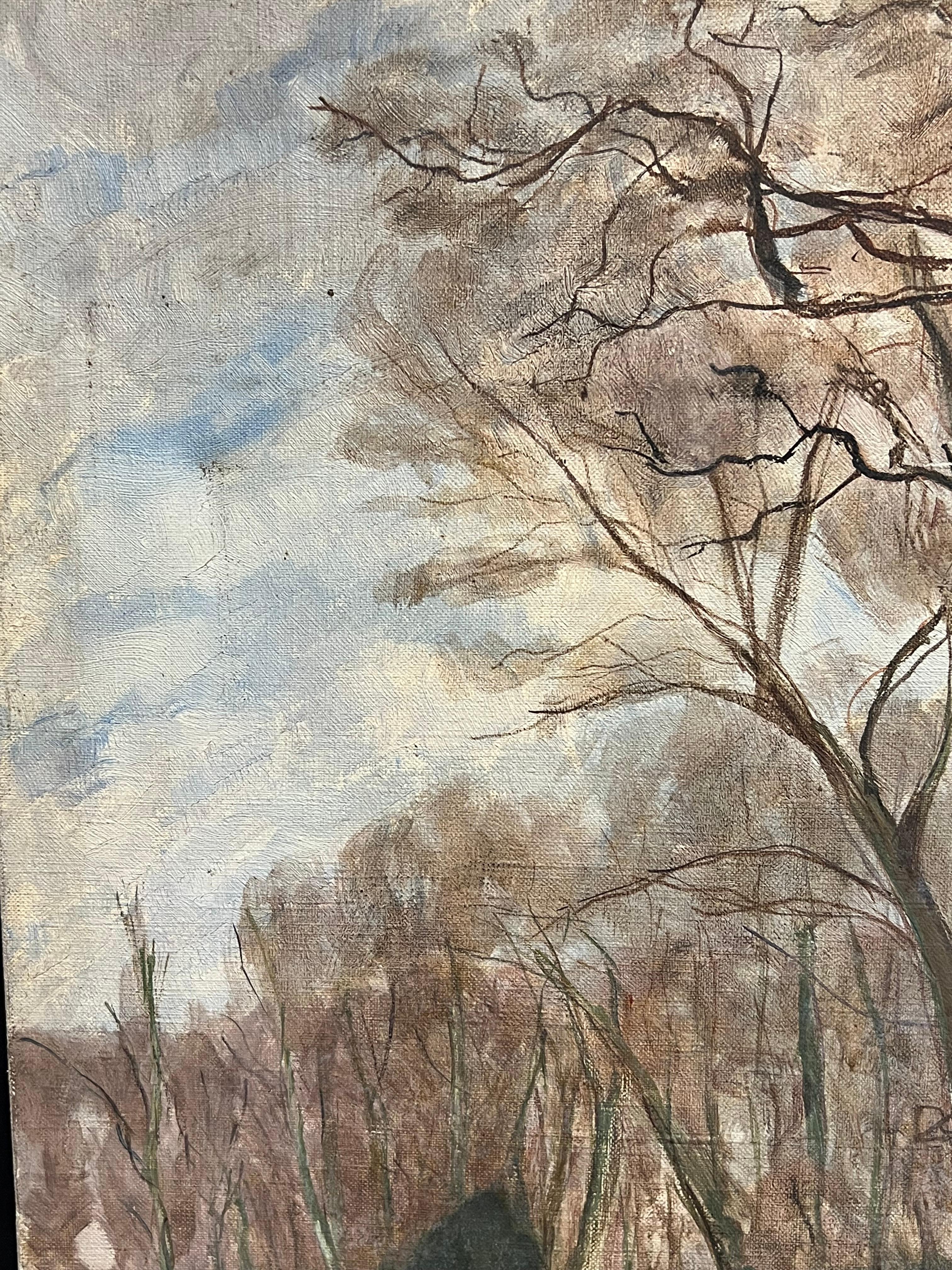 Wald im Vorfrühling Grünes Sonnenlicht 1930er Jahre Französisch Impressionist Öl (Braun), Landscape Painting, von French School