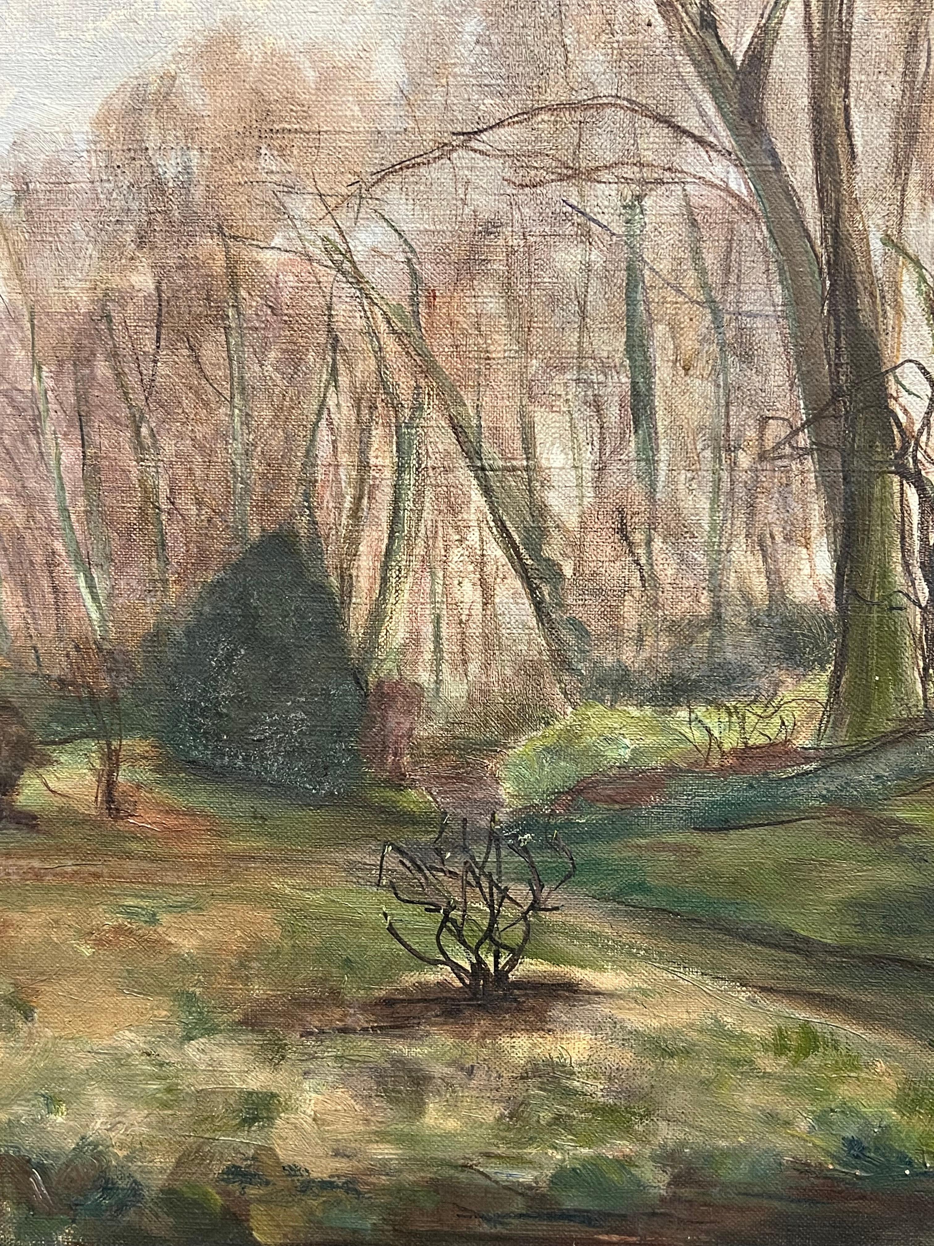 Waldgebiet im Vorfrühling
Französischer Impressionist, ca. 1930er Jahre
Öl auf Leinwand ungerahmt
Leinwand: 18 x 15 Zoll
Provenienz: Privatsammlung, Frankreich
Condit: gesunder und guter Zustand

Beschreibung: Dieses Ölgemälde zeigt eine ruhige