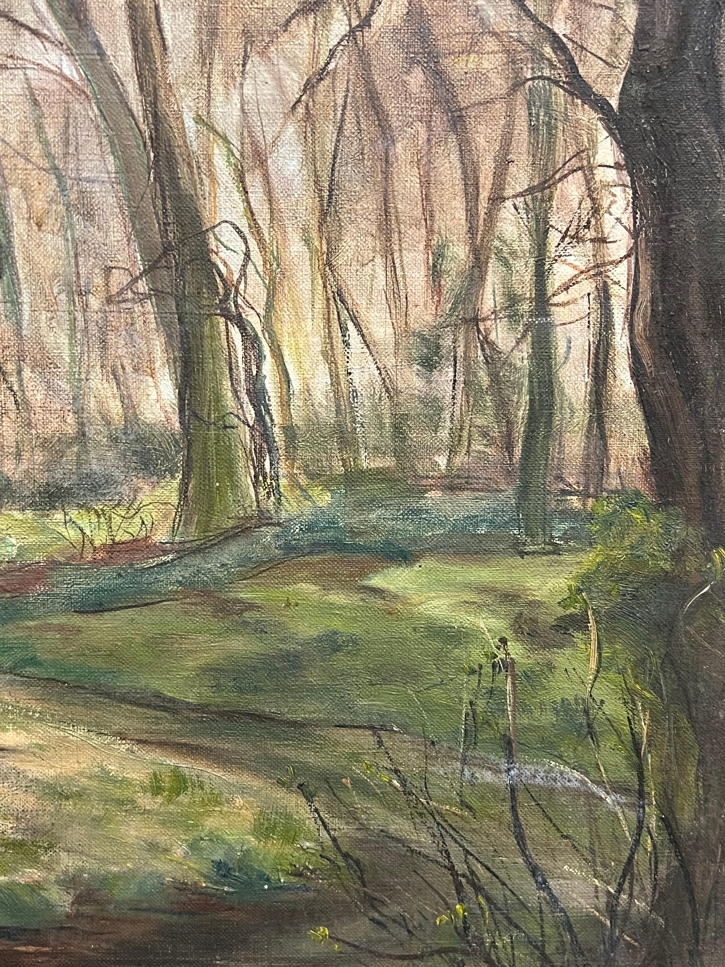Wald im Vorfrühling Grünes Sonnenlicht 1930er Jahre Französisch Impressionist Öl im Angebot 1