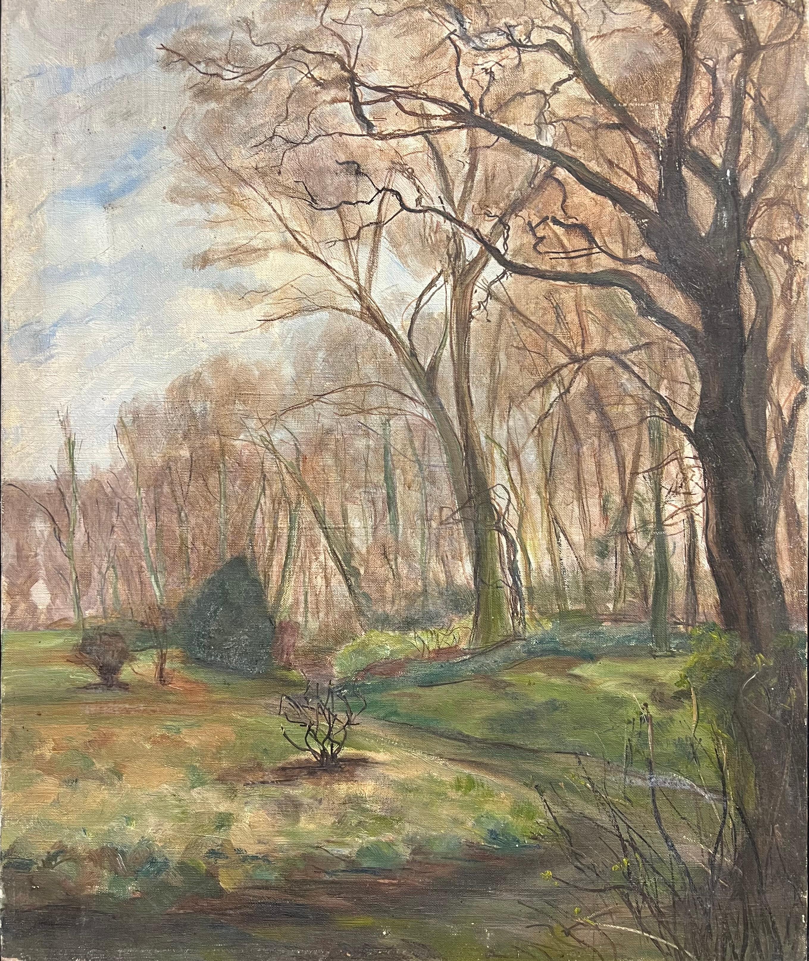 Bois au début du printemps, lumière verte du soleil Huile impressionniste française des années 1930
