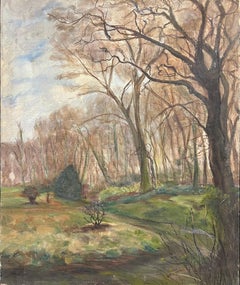 Bois au début du printemps, lumière verte du soleil Huile impressionniste française des années 1930