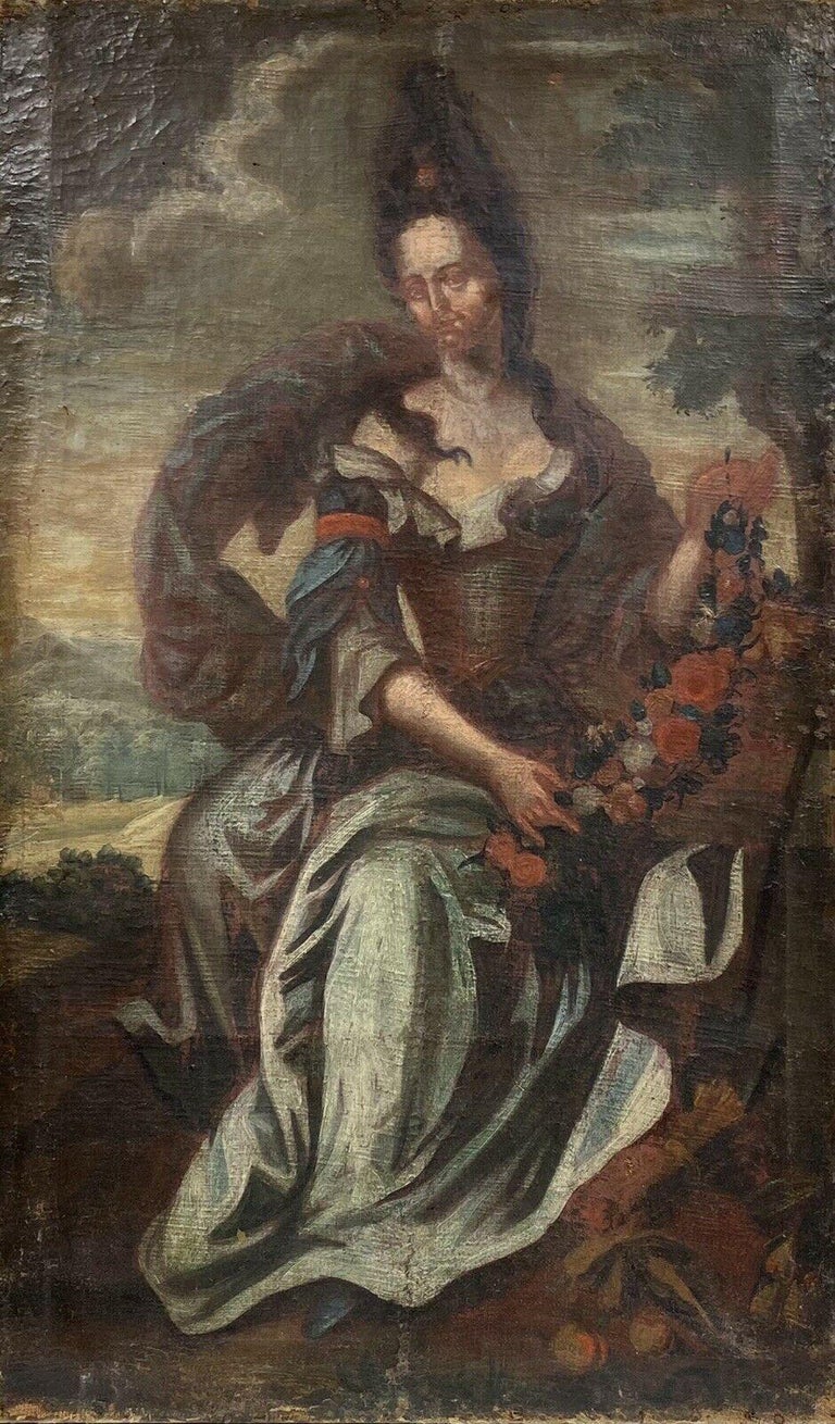 French School Still-Life Painting - 17th CENTURY FRENCH OLD MASTER OIL TO RESTORE - CLASSICAL LADY IN LANDSCAPE