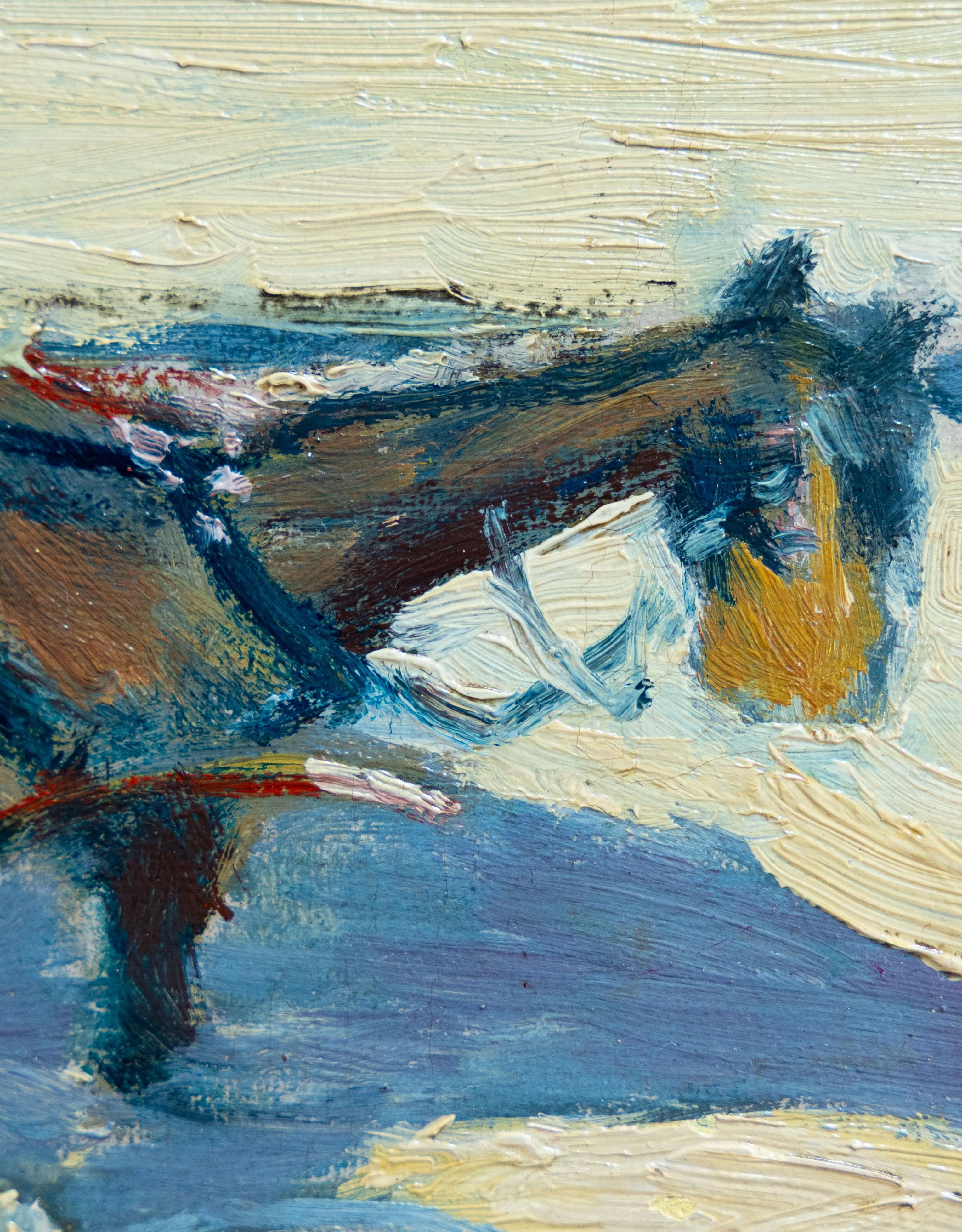 Carrozza con cavallo, vista aerea, Scuola francese dei primi del Novecento con monogramma - Painting di French school 20th century