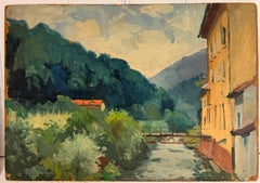 French Impressionist Riverside Village Bridge Mountain Landscape Study
