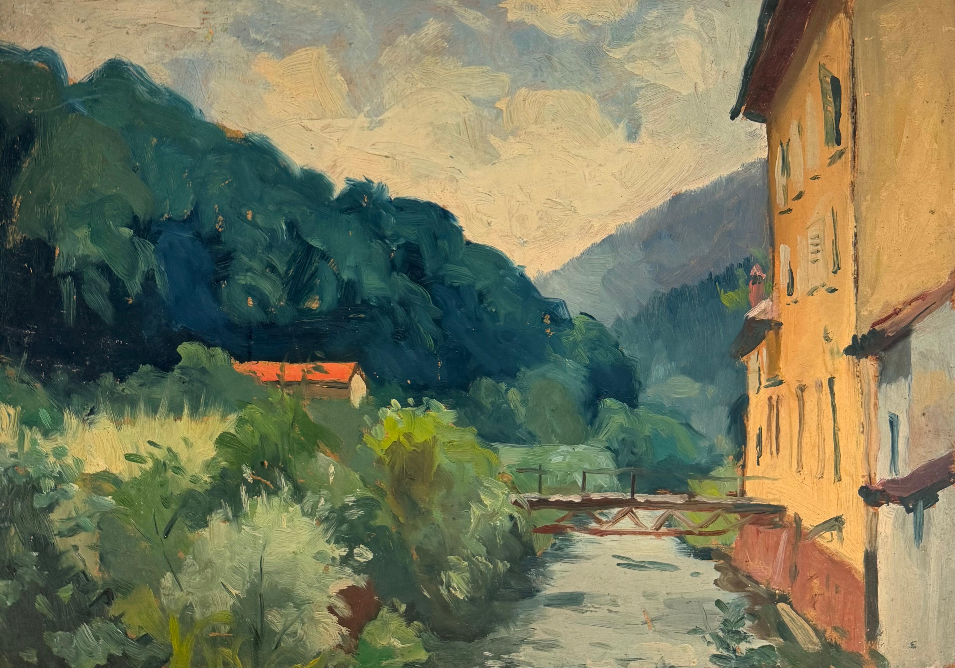 French Impressionist Riverside Village Bridge Mountain Landscape Study