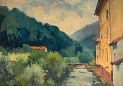 French Impressionist Riverside Village Bridge Mountain Landscape Study