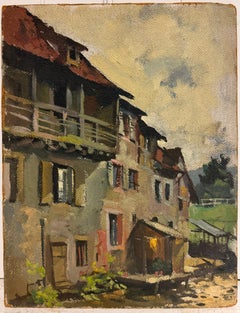 French Impressionist Village Street Scene Rustic Houses Light Study Work