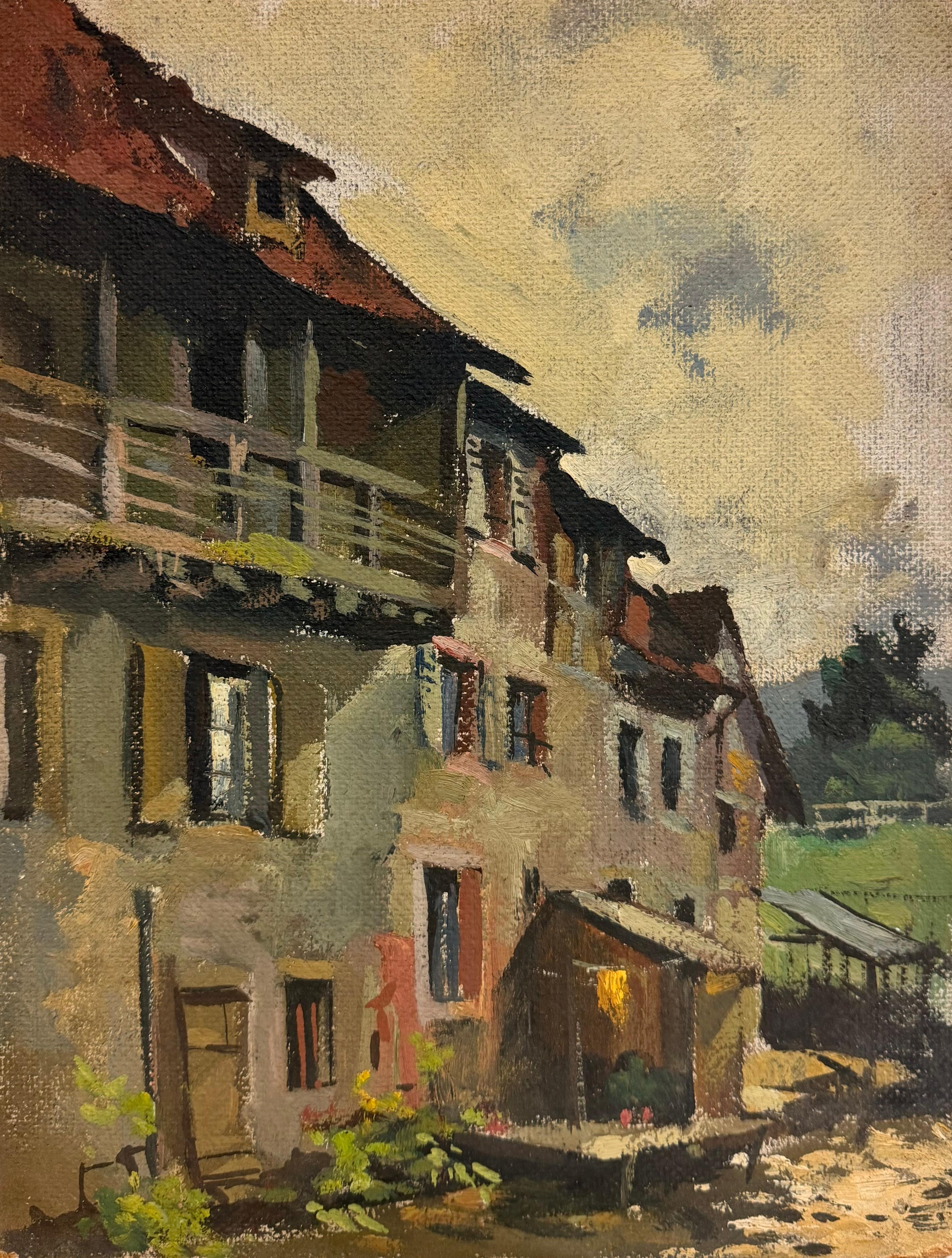 French school 20th century Landscape Painting - French Impressionist Village Street Scene Rustic Houses Light Study Work