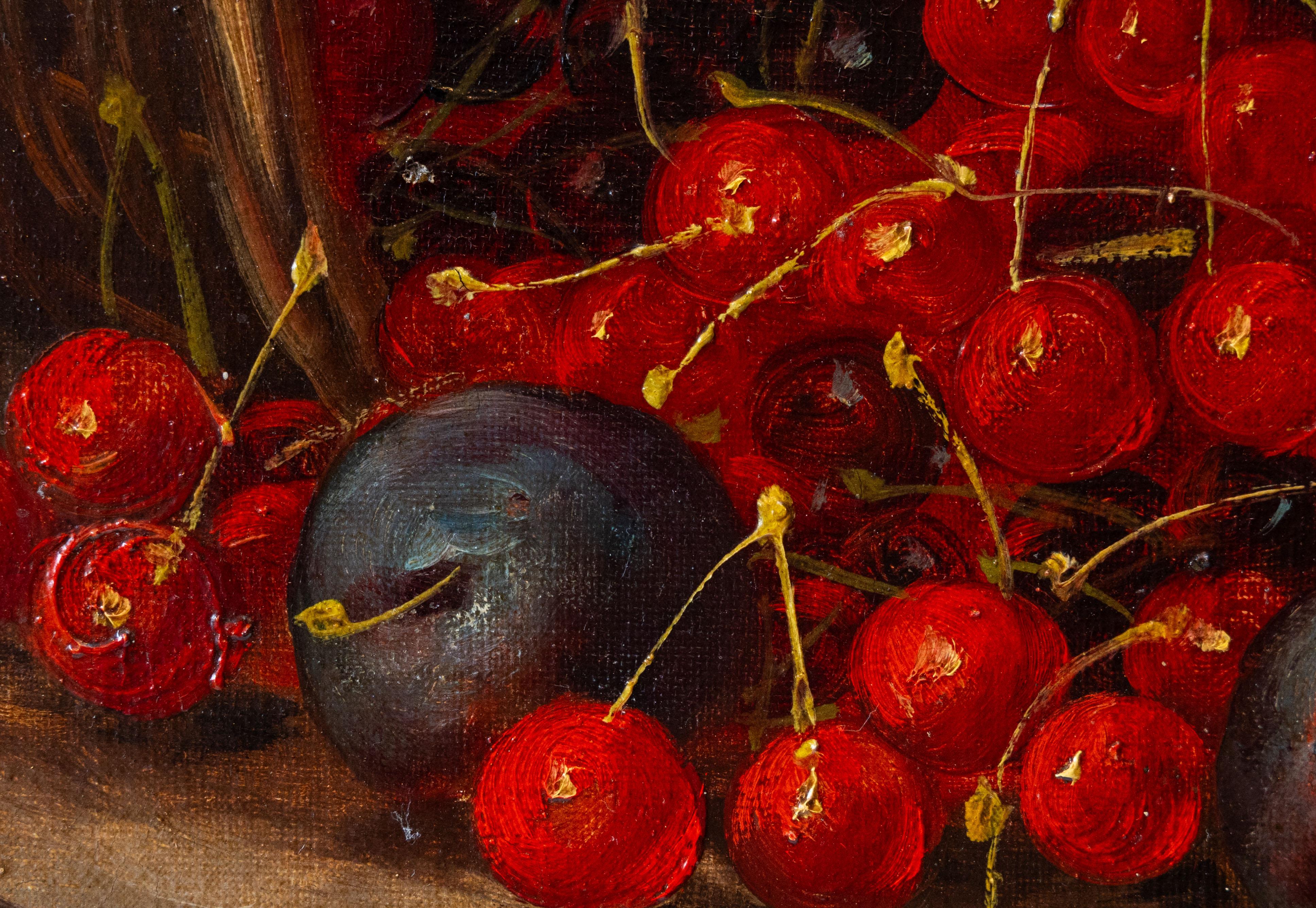 Stilleben mit Kirschen und Pflaumen, Französische Schule 20. (Braun), Still-Life Painting, von French school 20th century