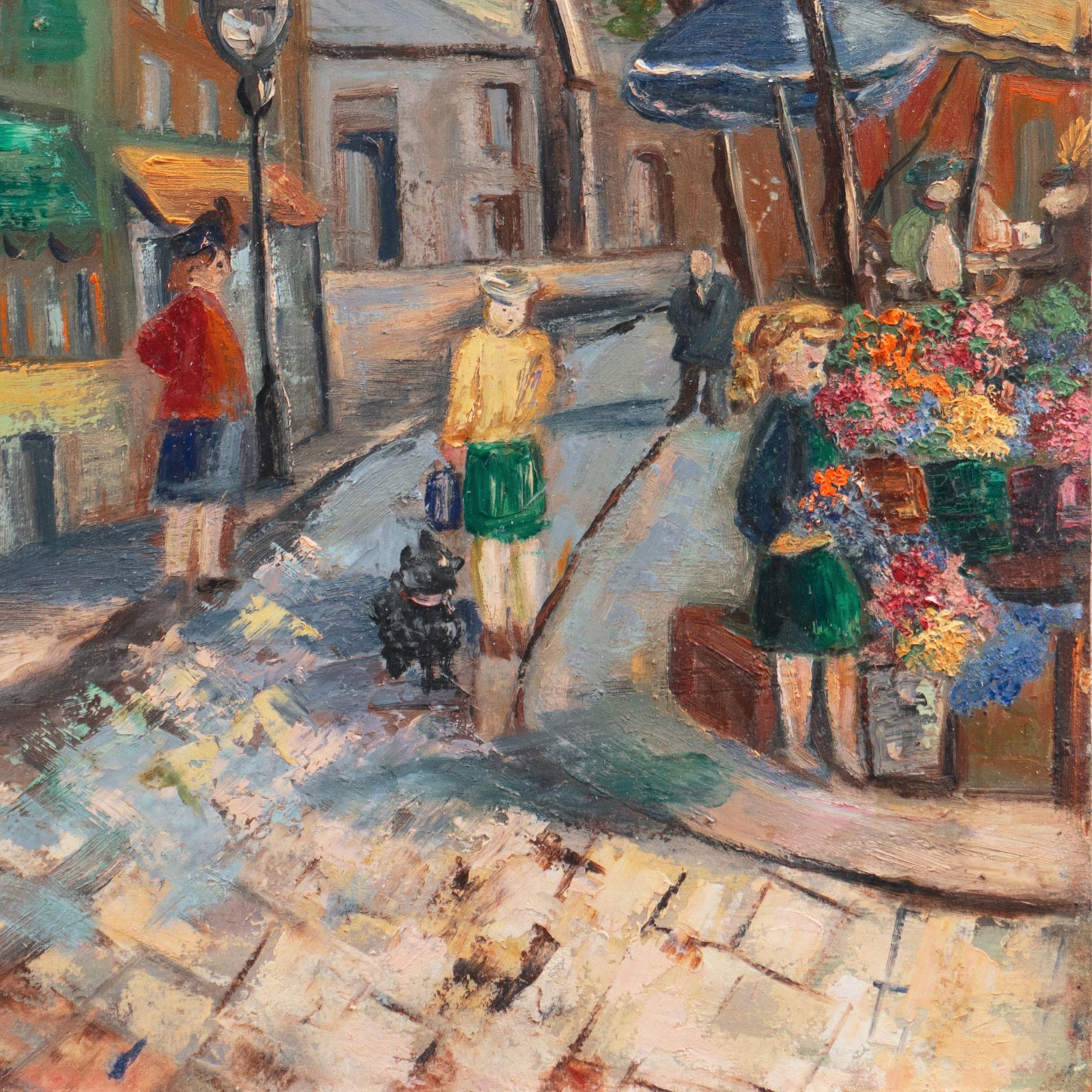 Mercato dei fiori, Montmartre con vista sul Sacré-Cœur', Parigi Cityscape, Francia - Painting di French School, 20th Century