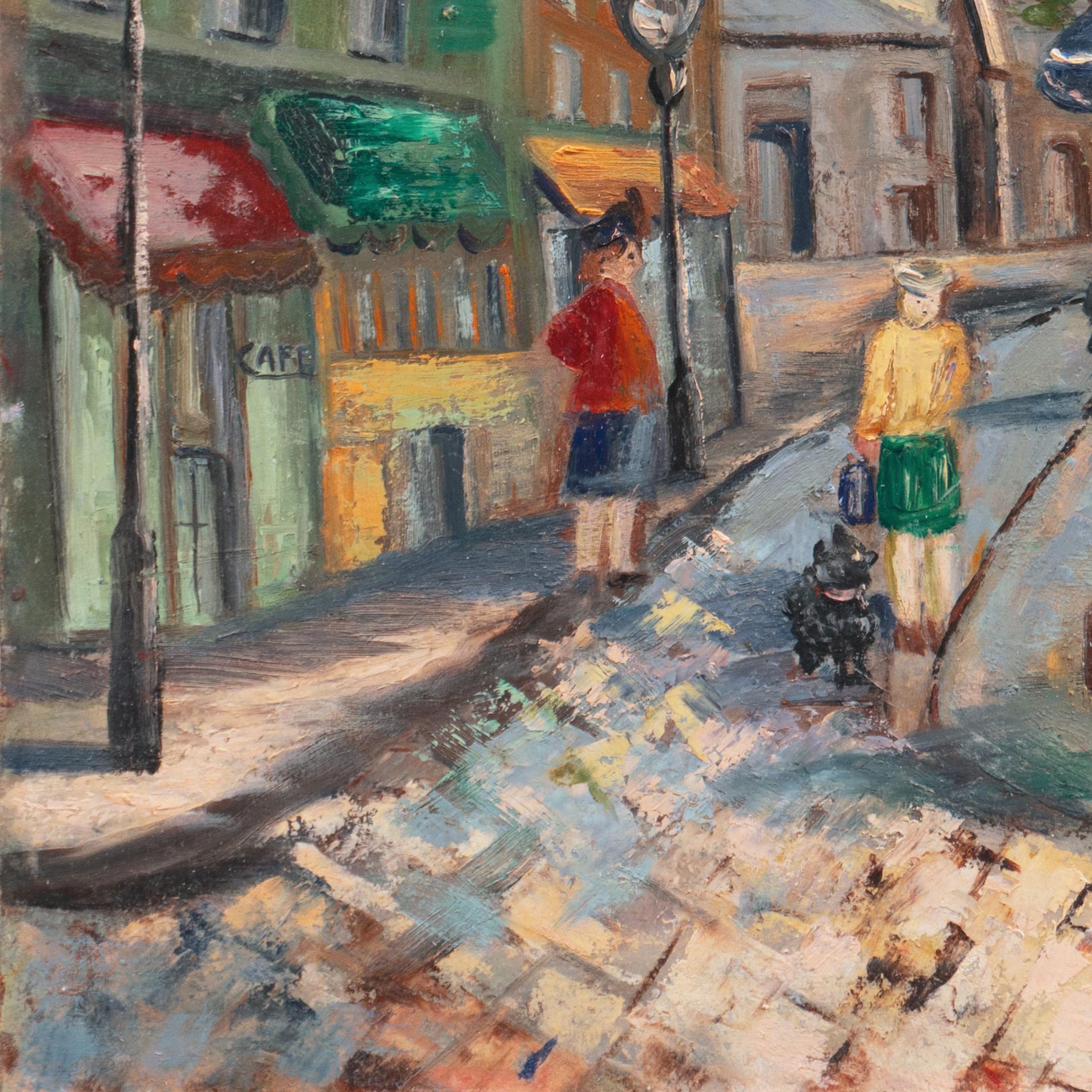 Mercato dei fiori, Montmartre con vista sul Sacré-Cœur', Parigi Cityscape, Francia - Landscape Painting Marrone di French School, 20th Century