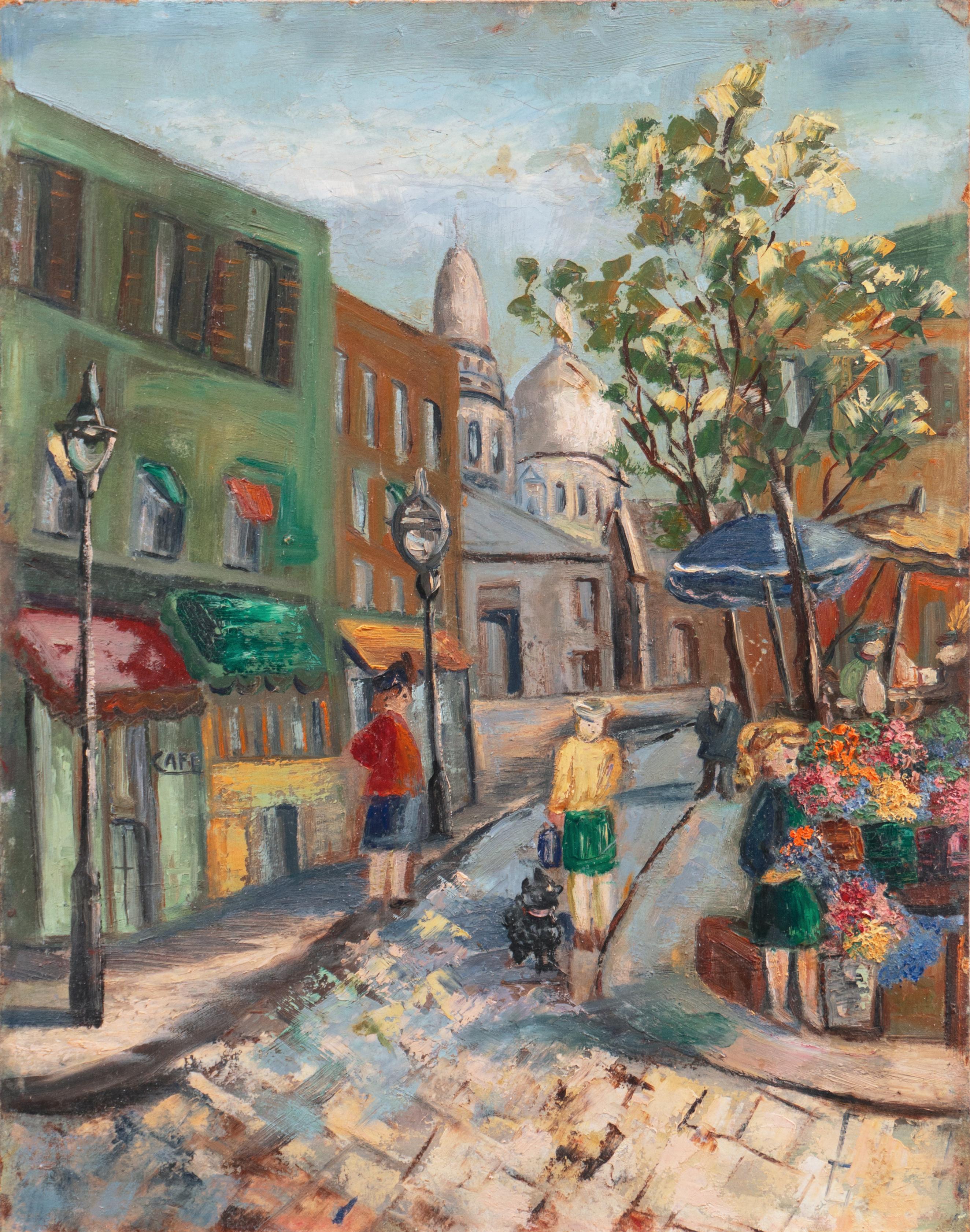 Landscape Painting di French School, 20th Century - Mercato dei fiori, Montmartre con vista sul Sacré-Cœur
, Parigi Cityscape, Francia
