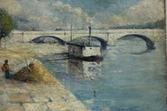 Antique French Impressionist Oil Painting - On the Banks River Seine Paris