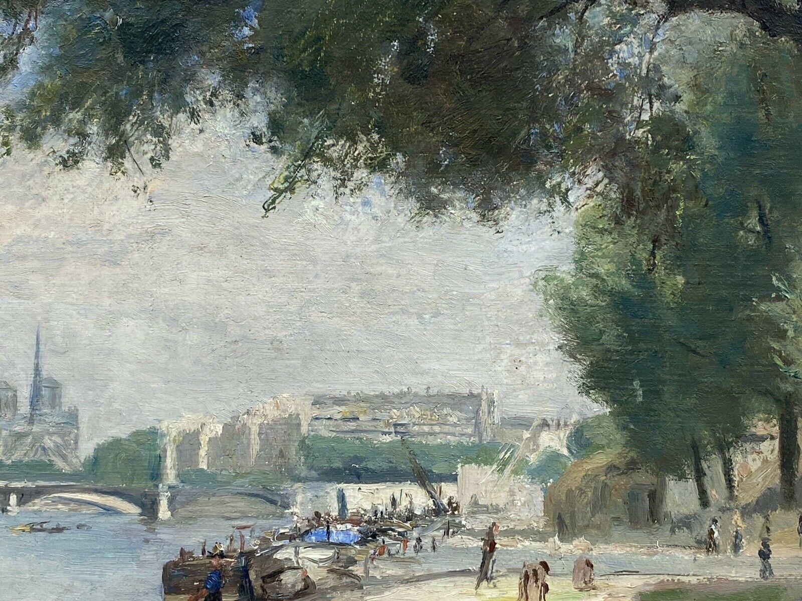 Antique Signed French Impressionist Oil - River Seine Paris Figures & Boats 1