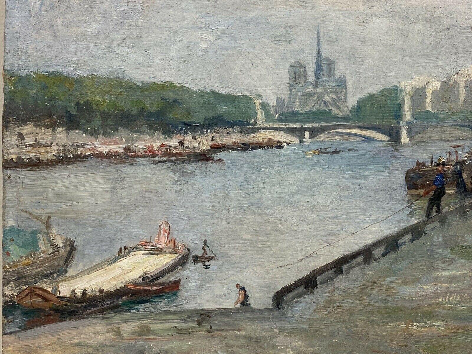 Antique Signed French Impressionist Oil - River Seine Paris Figures & Boats 3