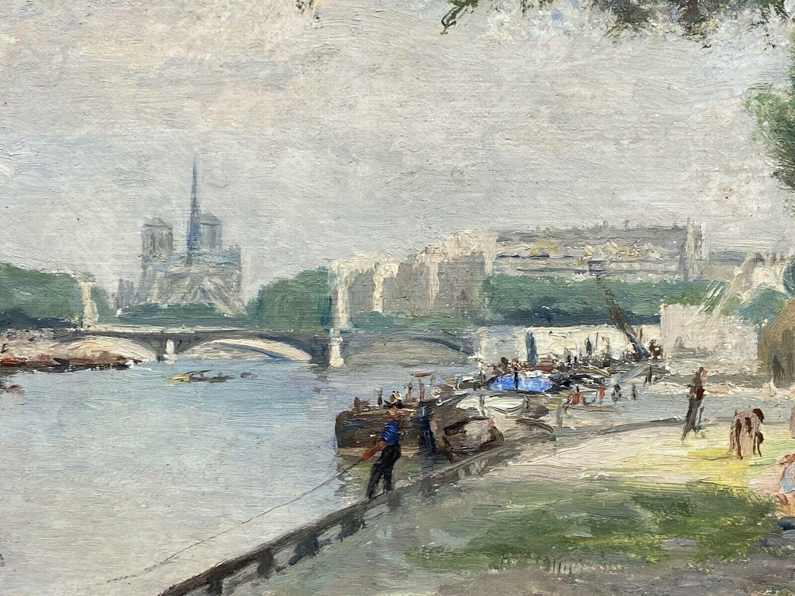 Antique Signed French Impressionist Oil - River Seine Paris Figures & Boats 4