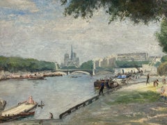 Antique Signed French Impressionist Oil - River Seine Paris Figures & Boats