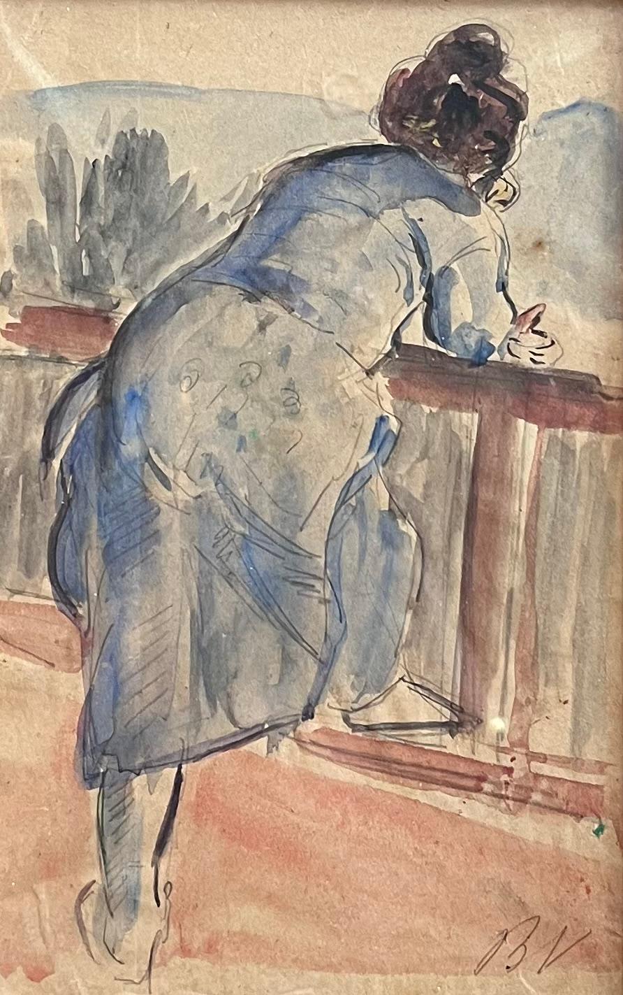 Acquerello francese del 1900 con ritratto di signora affacciata sul giardino del balcone - Painting di French School