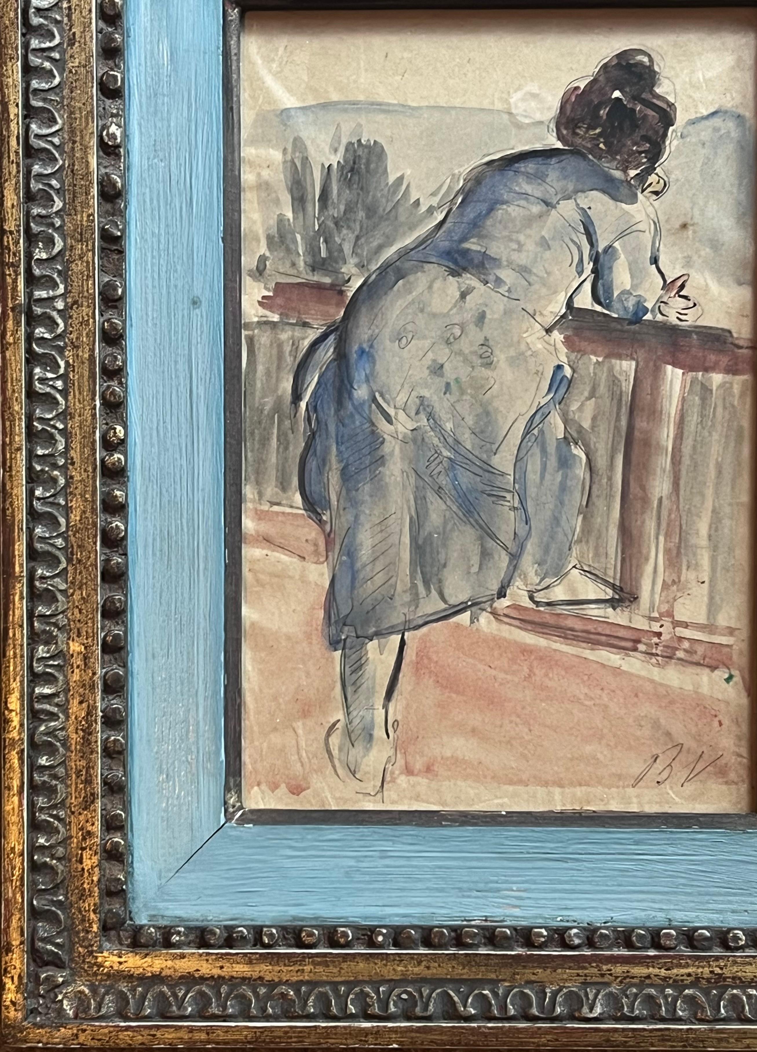 Acquerello francese del 1900 con ritratto di signora affacciata sul giardino del balcone - Painting Impressionismo di French School