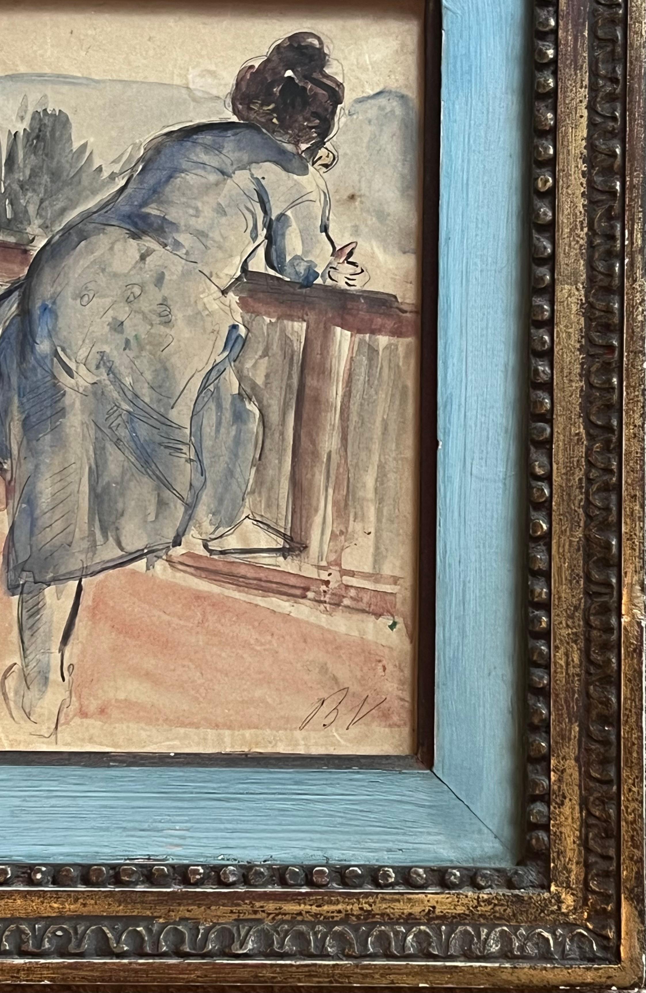 Acquerello francese del 1900 con ritratto di signora affacciata sul giardino del balcone - Figurative Painting Grigio di French School