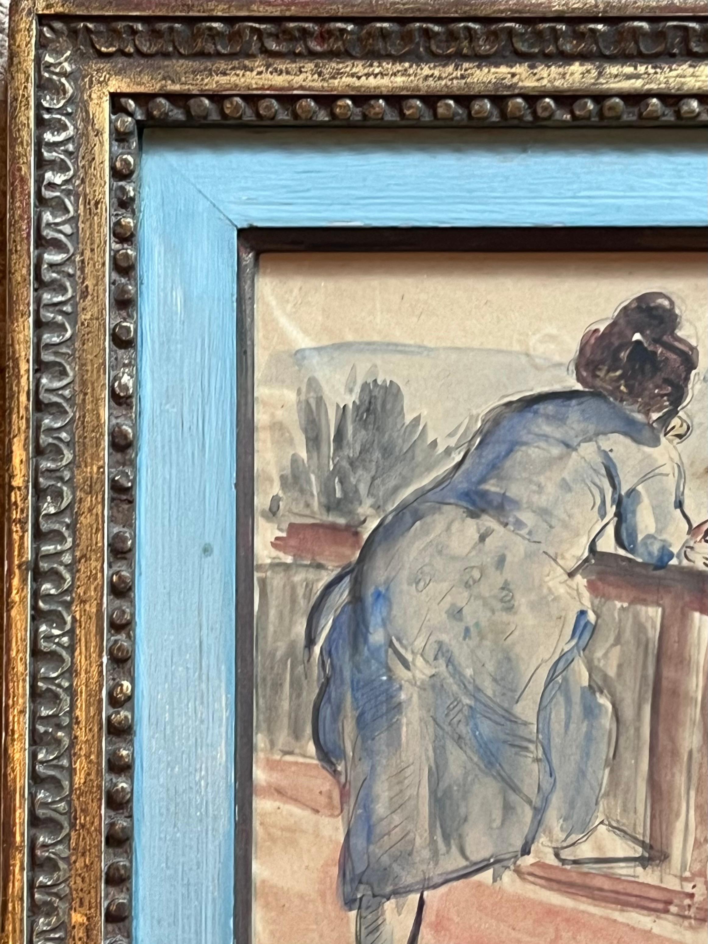 Acquerello francese del 1900 con ritratto di signora affacciata sul giardino del balcone in vendita 1