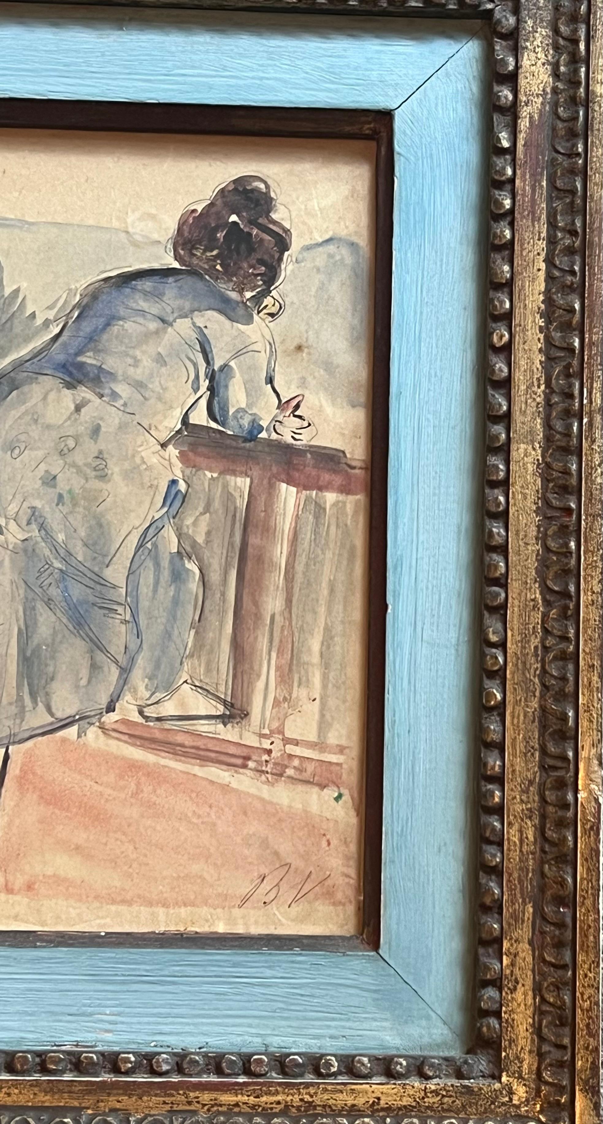 Acquerello francese del 1900 con ritratto di signora affacciata sul giardino del balcone in vendita 2