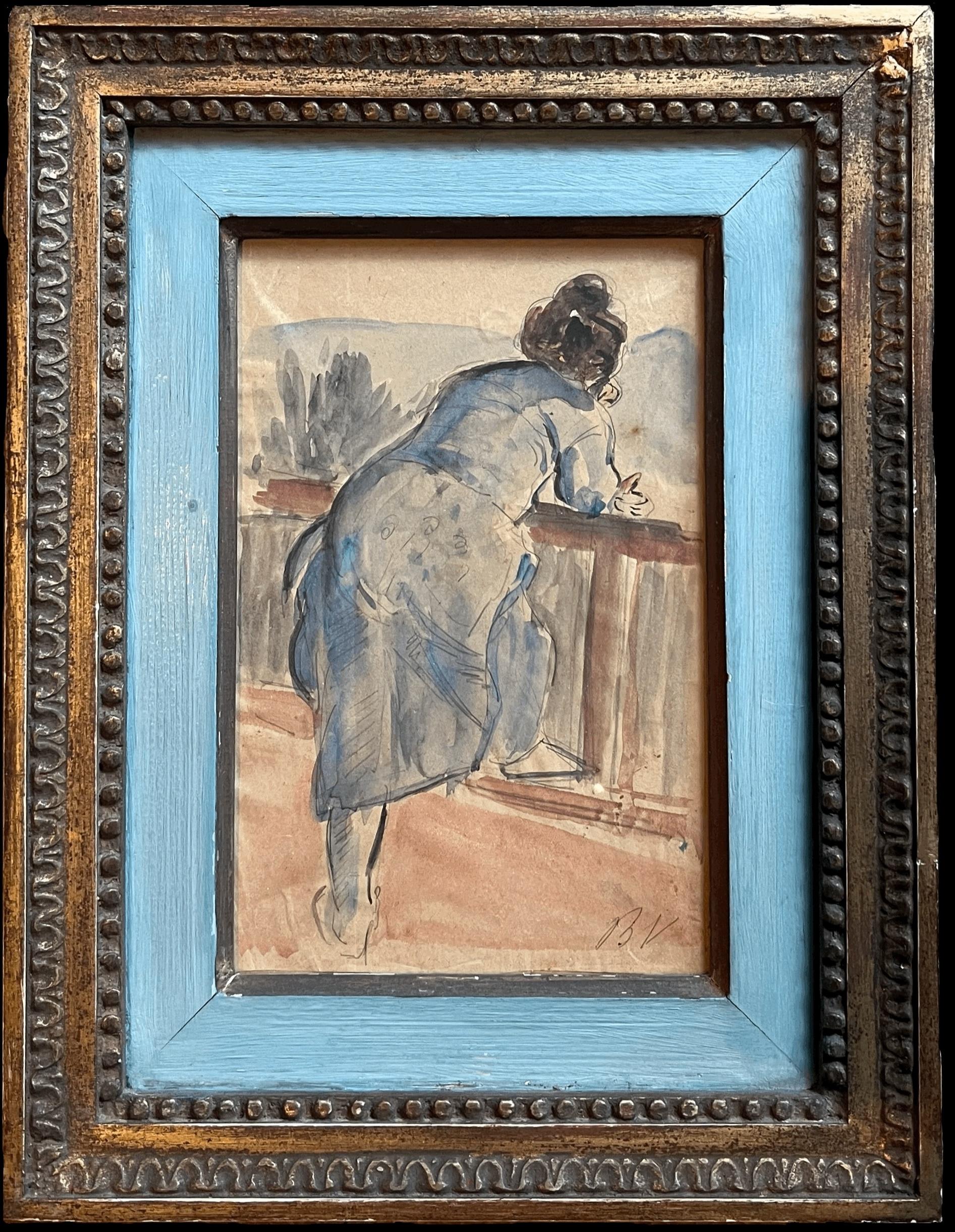 Figurative Painting di French School - Acquerello francese del 1900 con ritratto di signora affacciata sul giardino del balcone