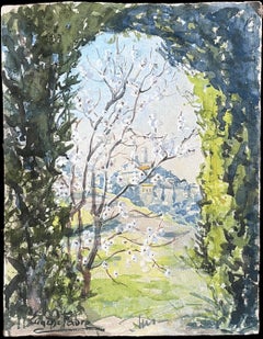 1930's French Impressionist Pretty Provencal Hill Top Village Blossom Trees